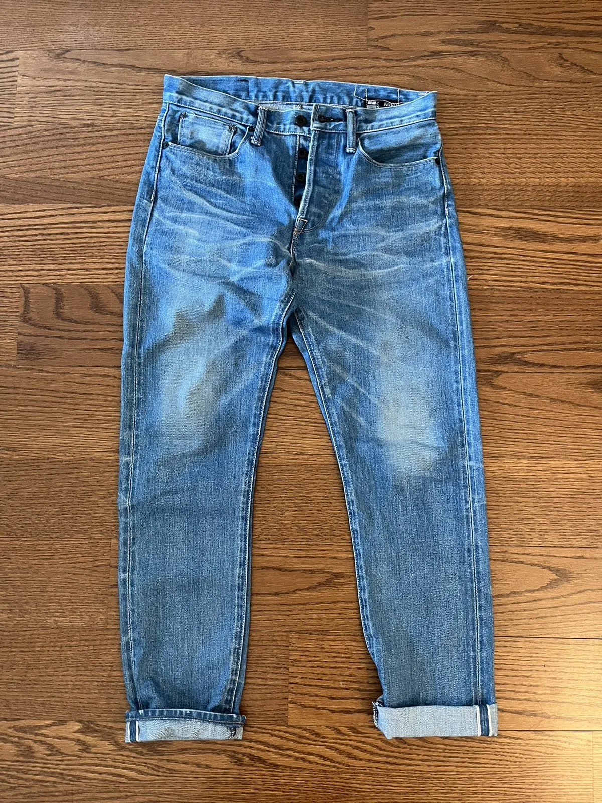 Kuro Aulick 29 washed denim jeans selvedge bottom