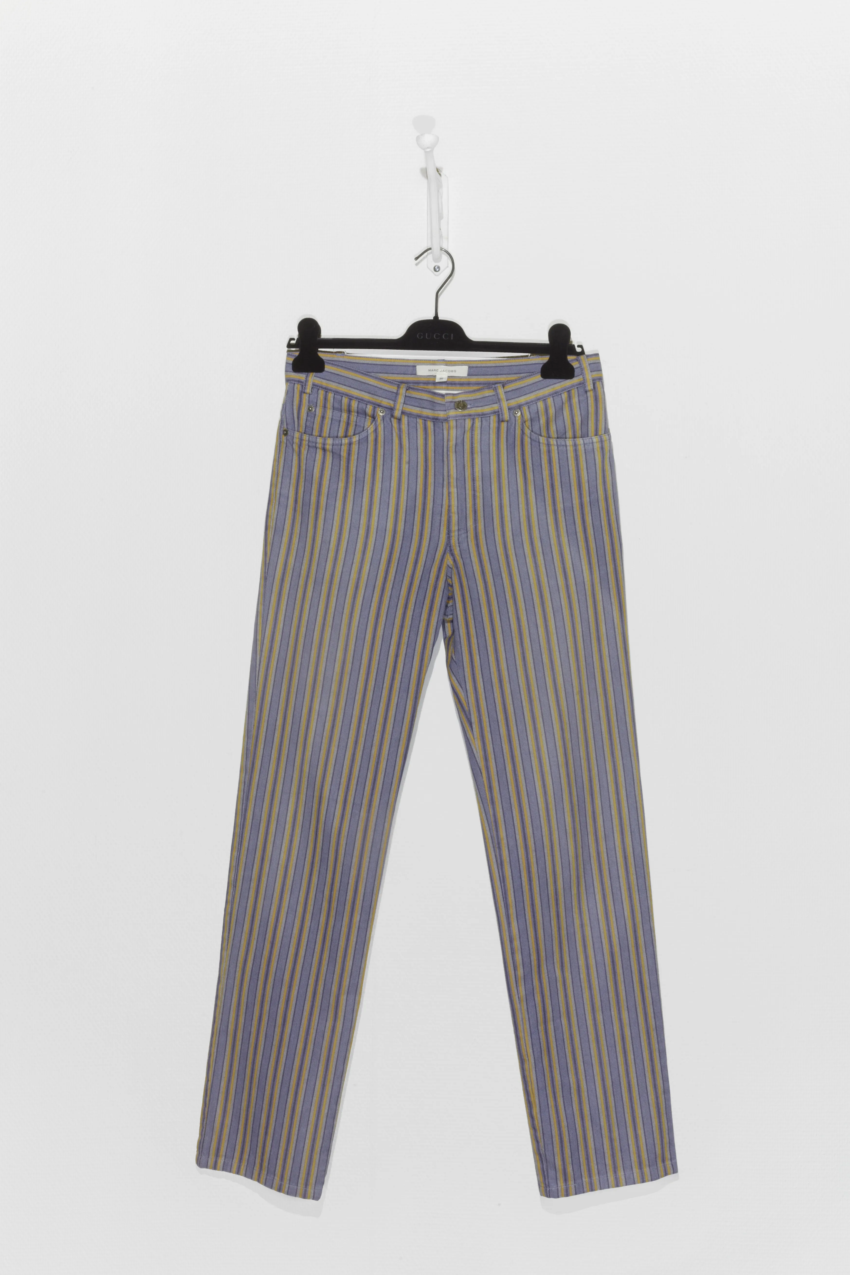 Lanvin jeans with belt loops, five pockets, button fastenings and multicolored stripe pattern in a orange, blue and grey colorway, size 30 - fits 28 - 29