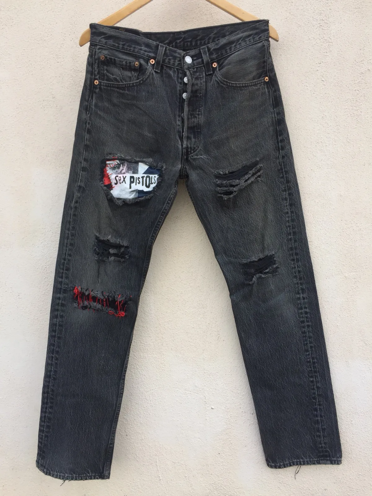 Distressed Levis 501 x Sex Pistols Patches