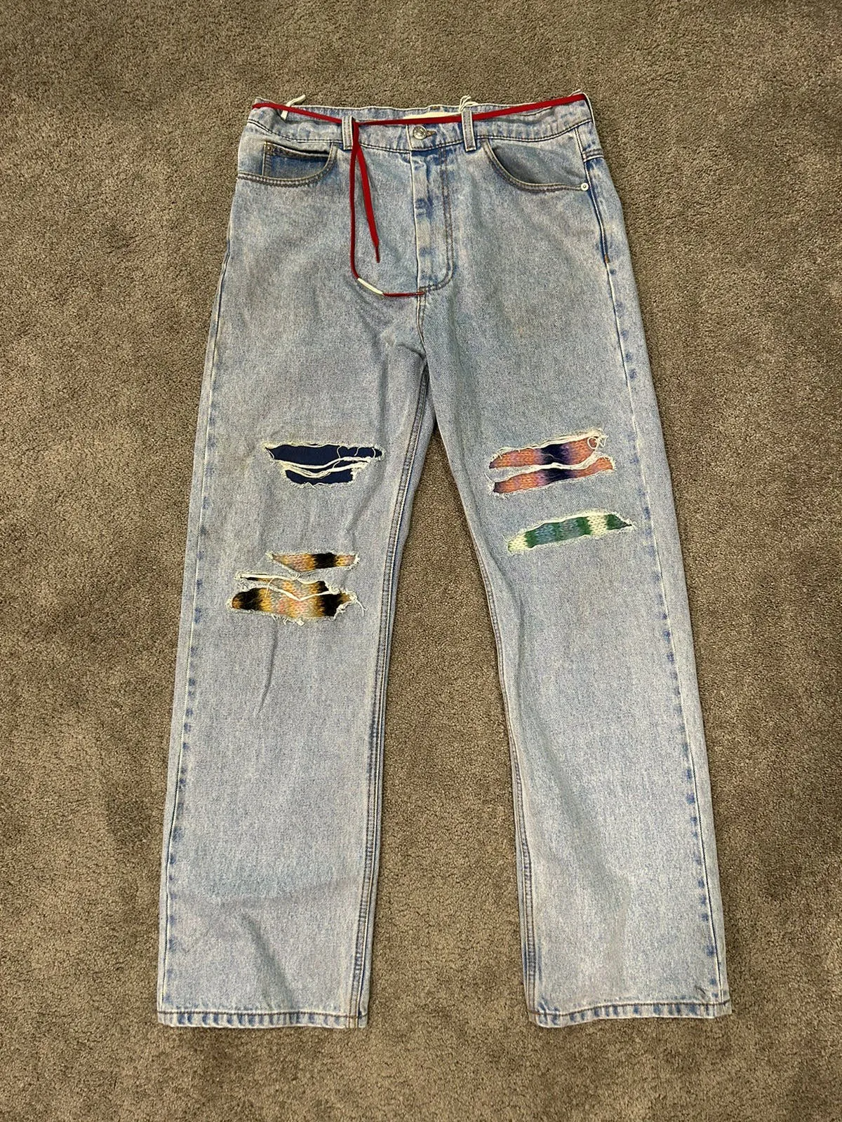 Marni Mohair Embroidered Yarn Striped Patch Denim Jeans