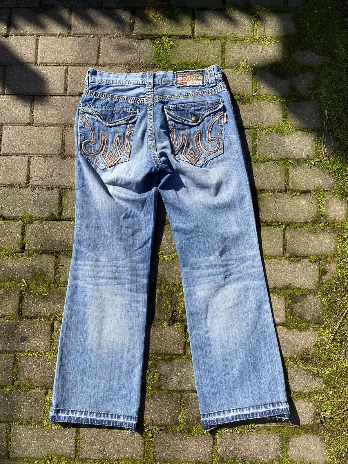 Distressed Japanese brand Mek denim bootcut faded jeans