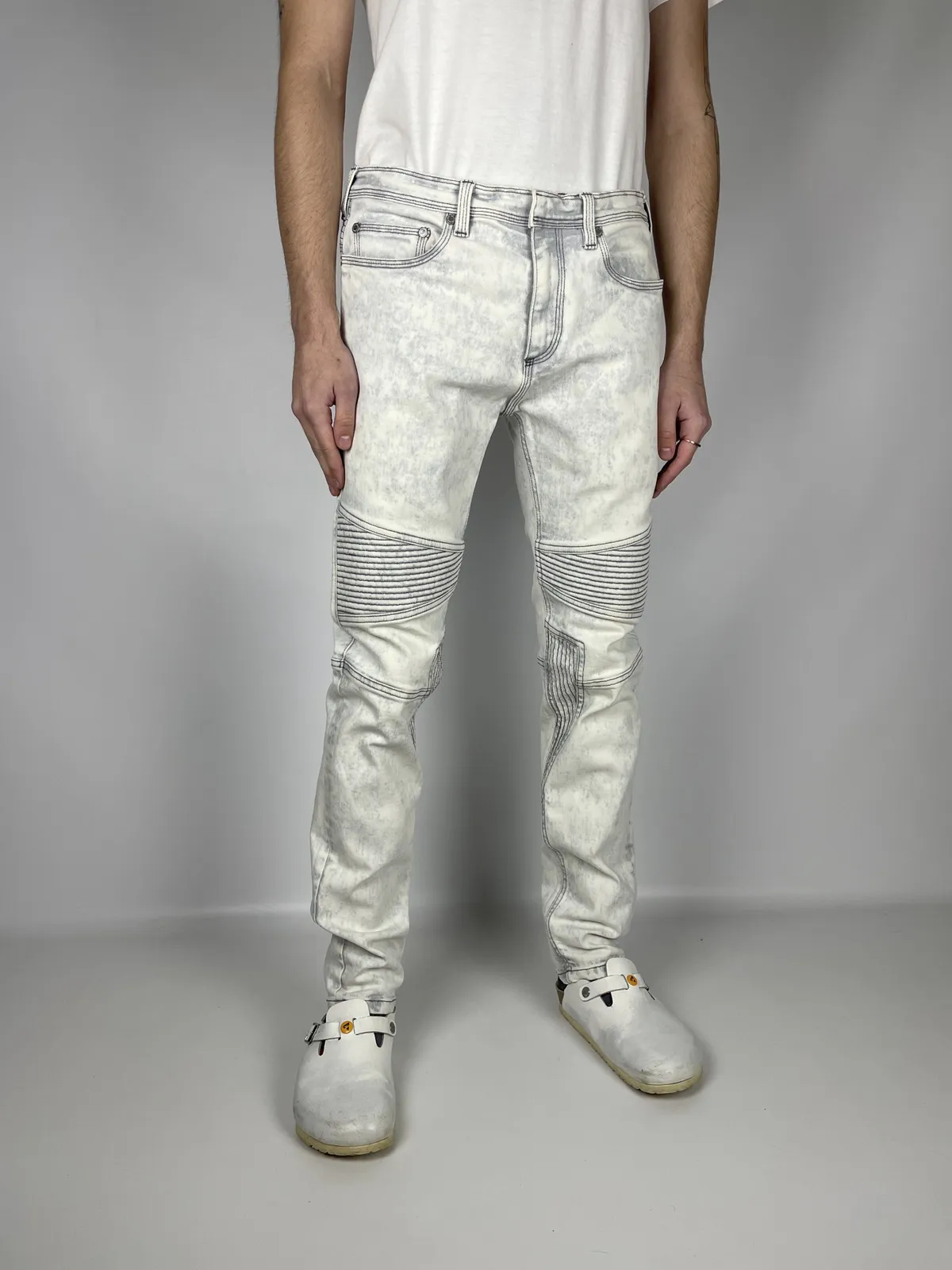 Neil Barret Skinny Leg Bleached Denim Biker Jeans