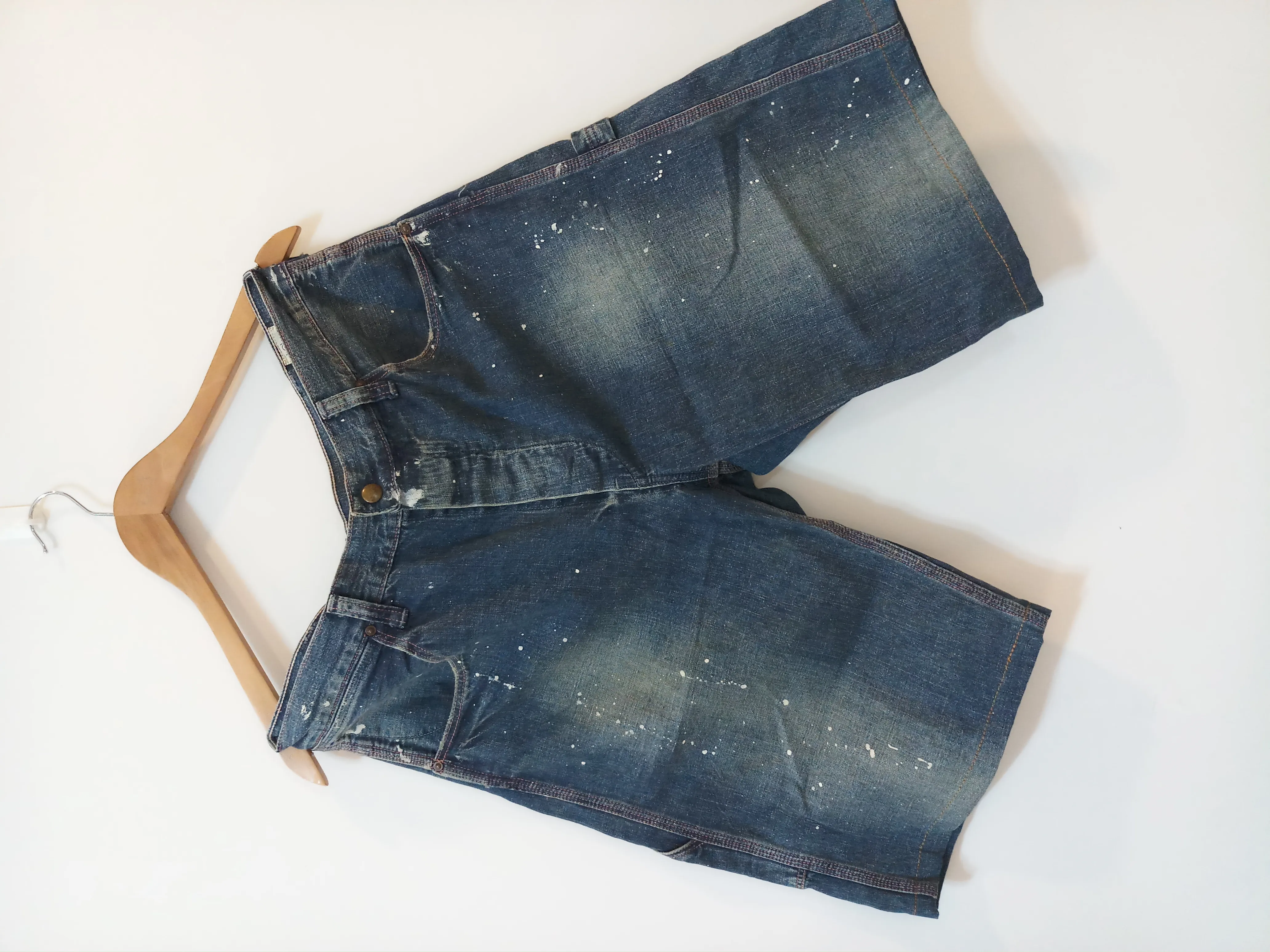 💥Free Shipping RARE Orslow Paint-Splattered Pink Triple-Stitched Denim Carpenter Shorts w/Snap-Button Closure Diverse Vintage Donut Buttons Tool Pockets Hammerloop Made in Japan 日本制 🇯🇵🇯🇵