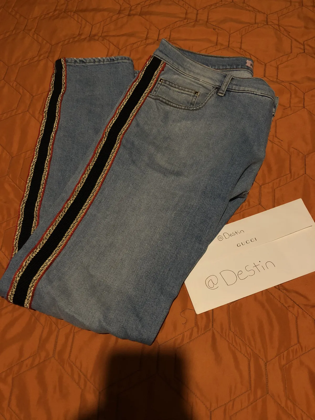 PALM ANGELS SKINNY DENIM LIGHT WASH TRACK PANT