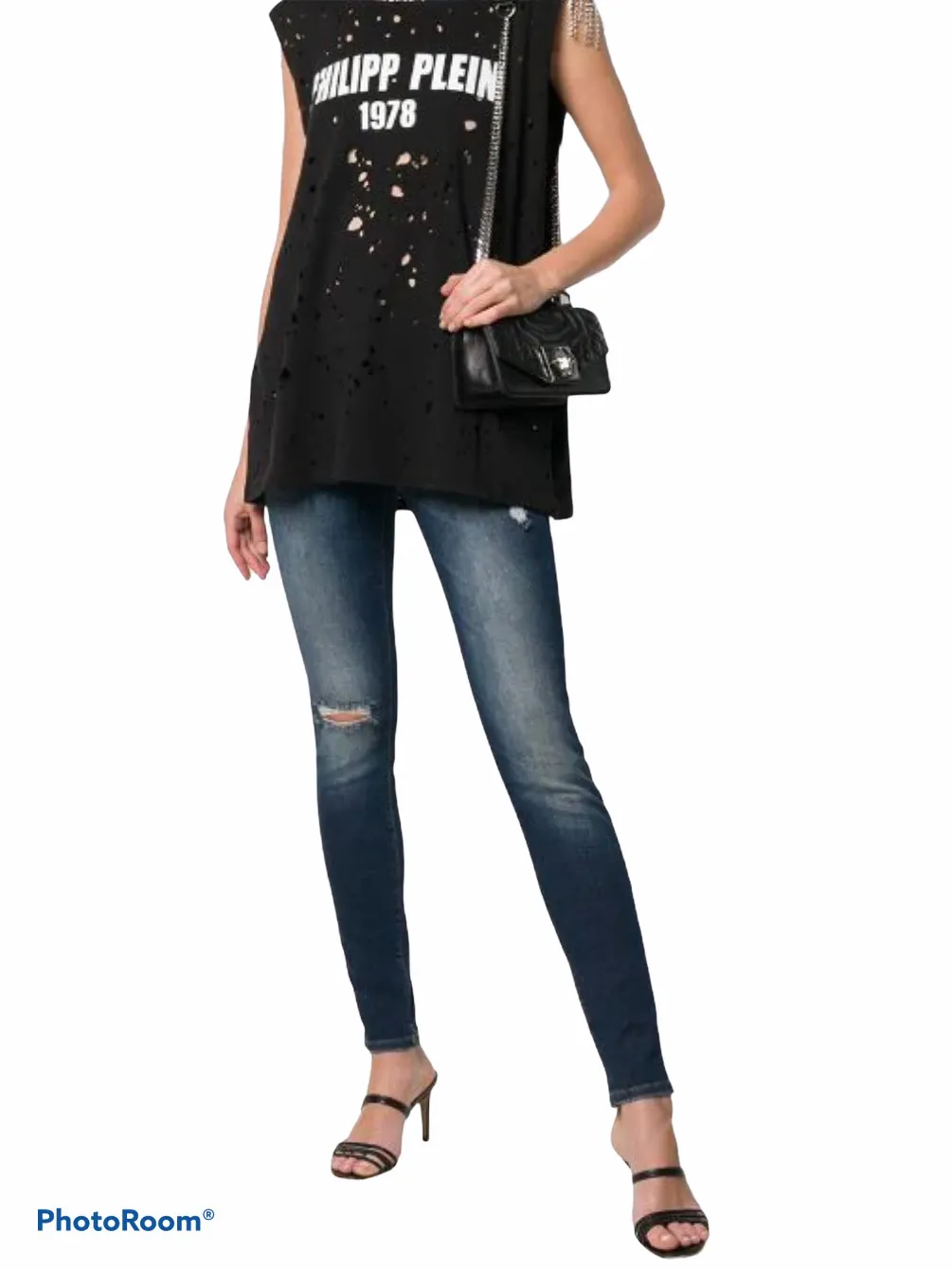 Philip Plein Distressed Denim Skinny Jeans Crystal Cross
