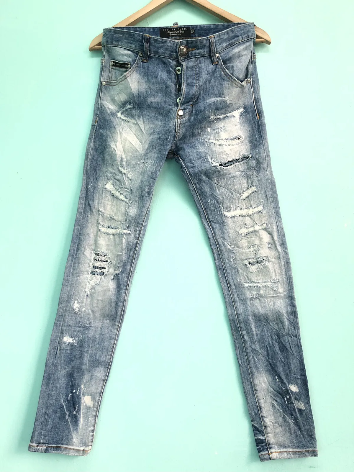 PHILIPP PLEIN RIPPED DISTRESSED STRAIGHT CUT DENIM JEANS