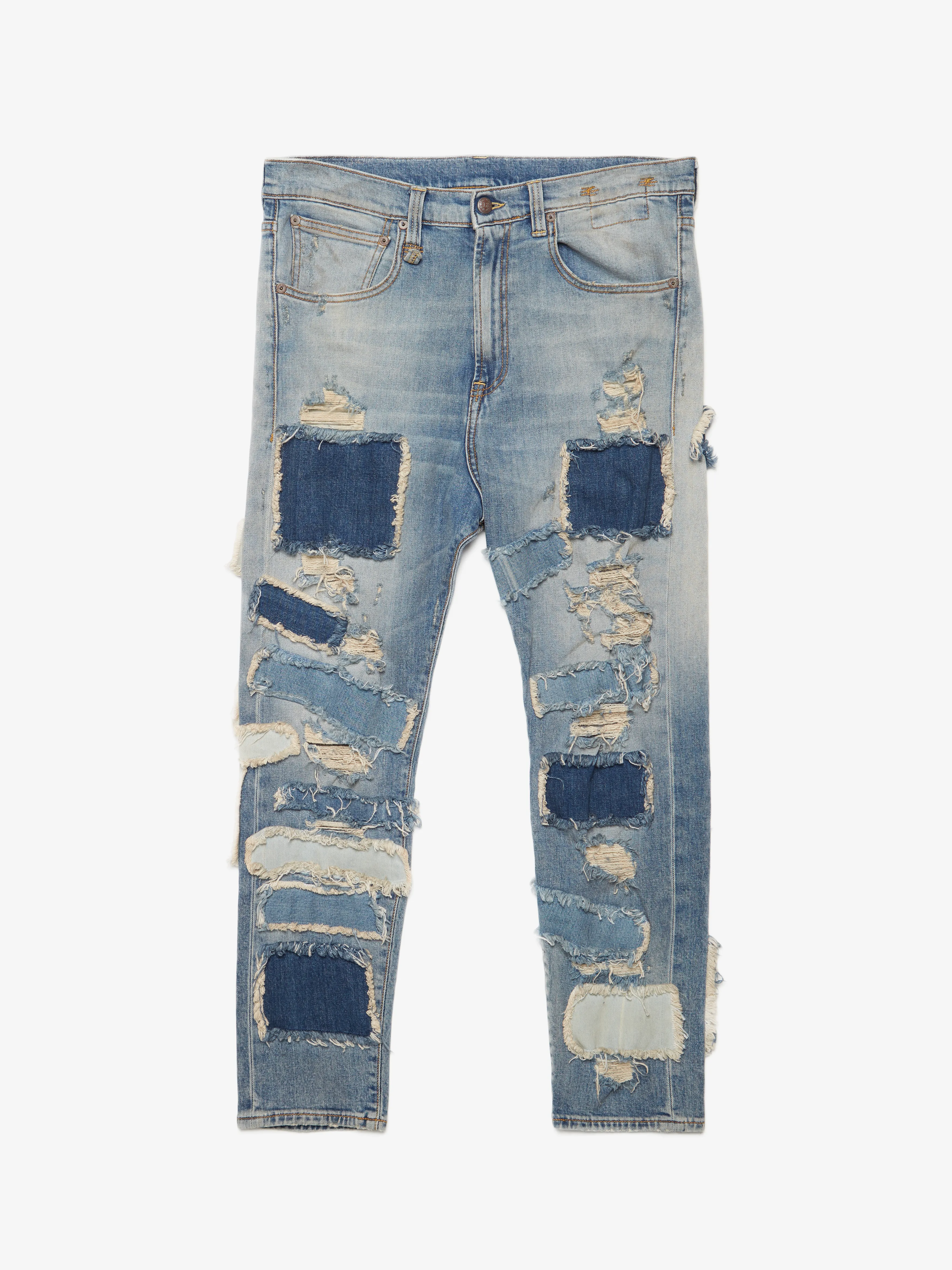 Blue Patched Distressed Denim Cotton Jeans