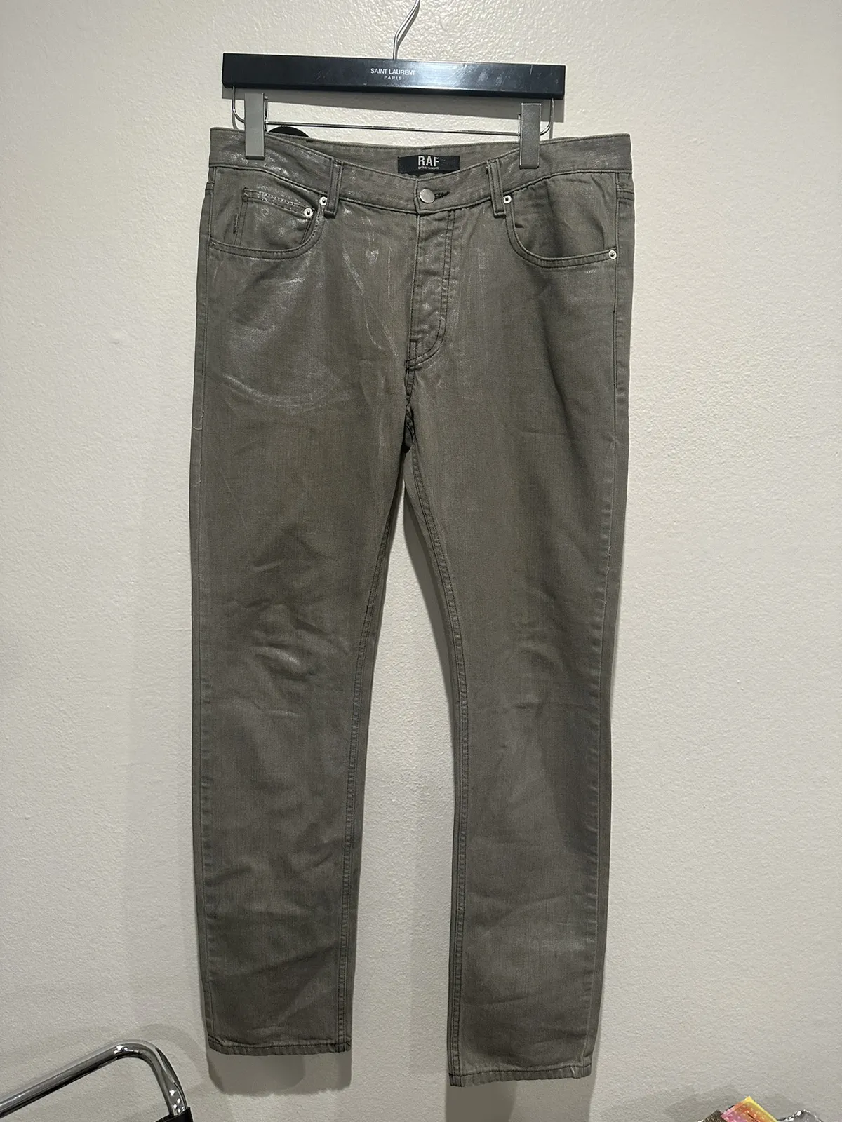 Waxed Metallic Silver Denim Jeans