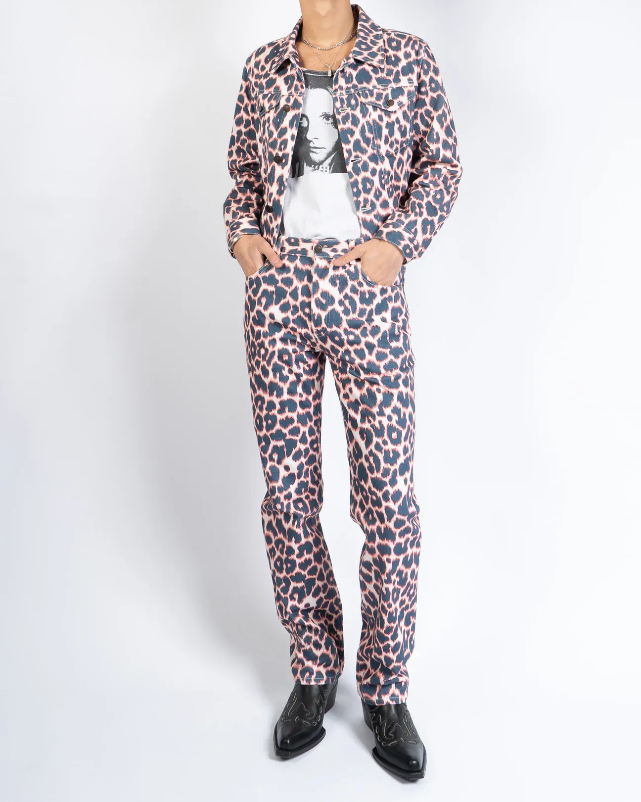 Animal Printed Trousers Leather Patch Denim