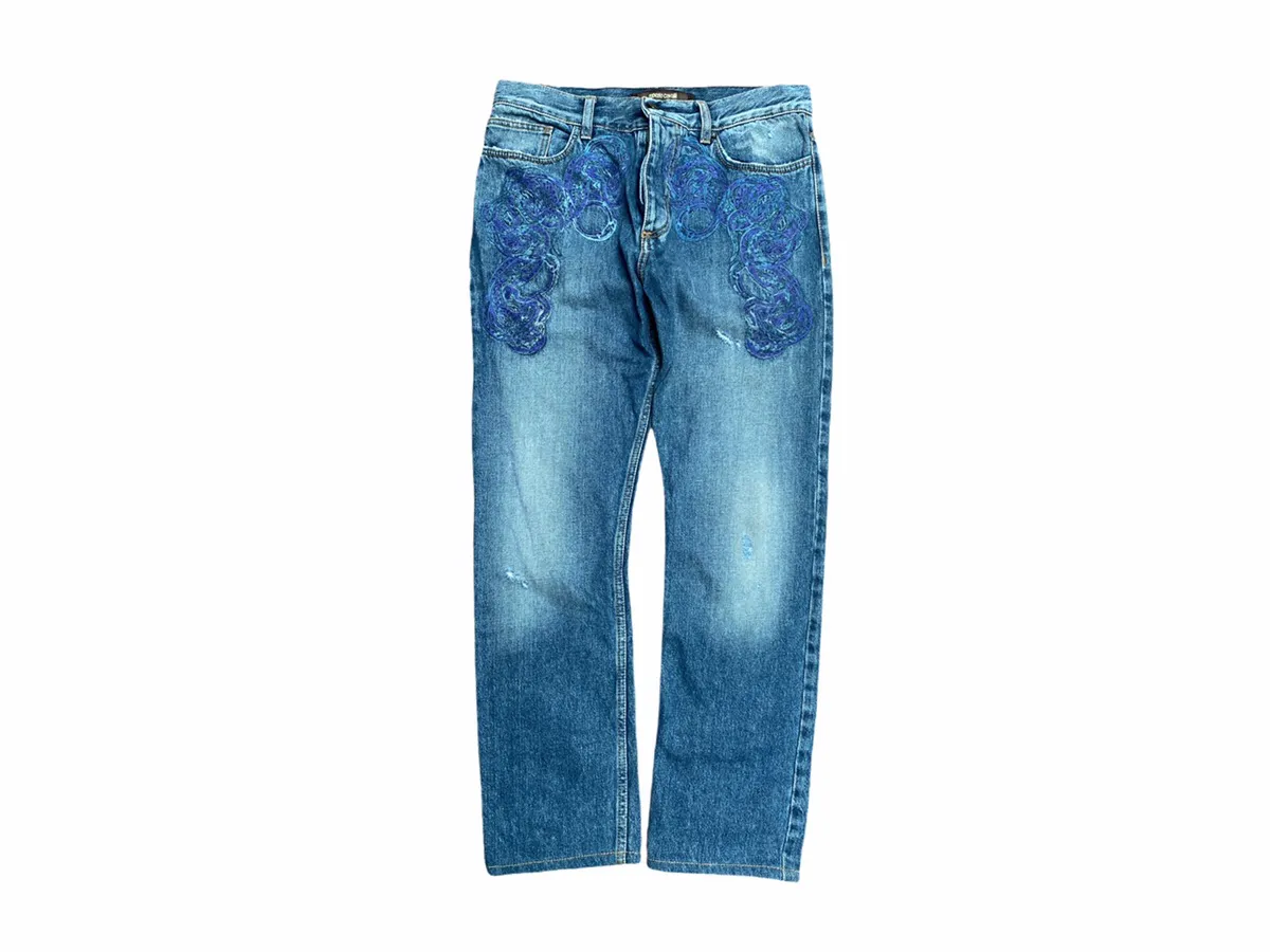 Roberto Cavalli Embroidery Pattern Washed Denim