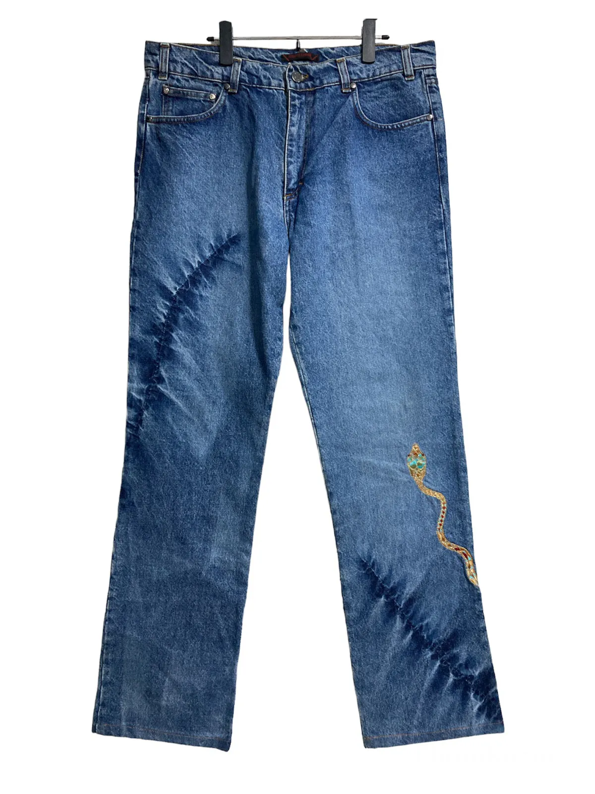 2000ss Roberto Cavalli Snake Shirring Washed Denim Pants
