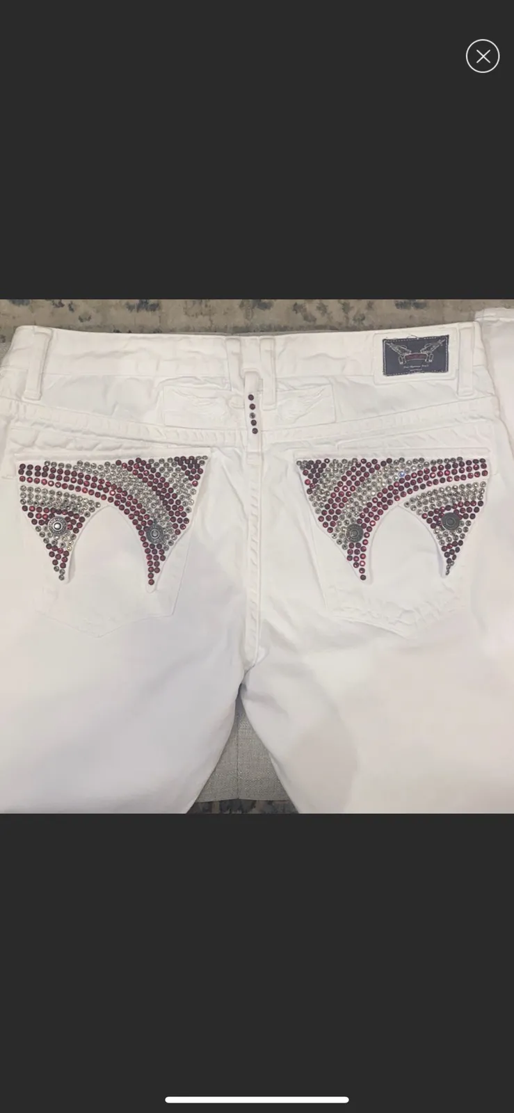 Robins Jeans White Double Flap 36 x 35 Red Silver Rhinestone