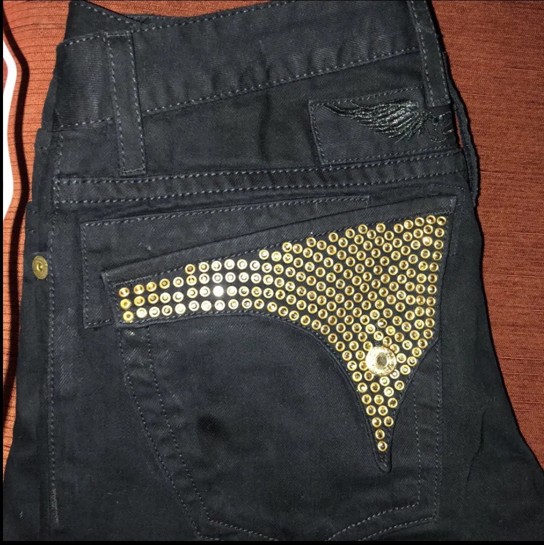 Robin Jeans black with gold studded pockets flaps