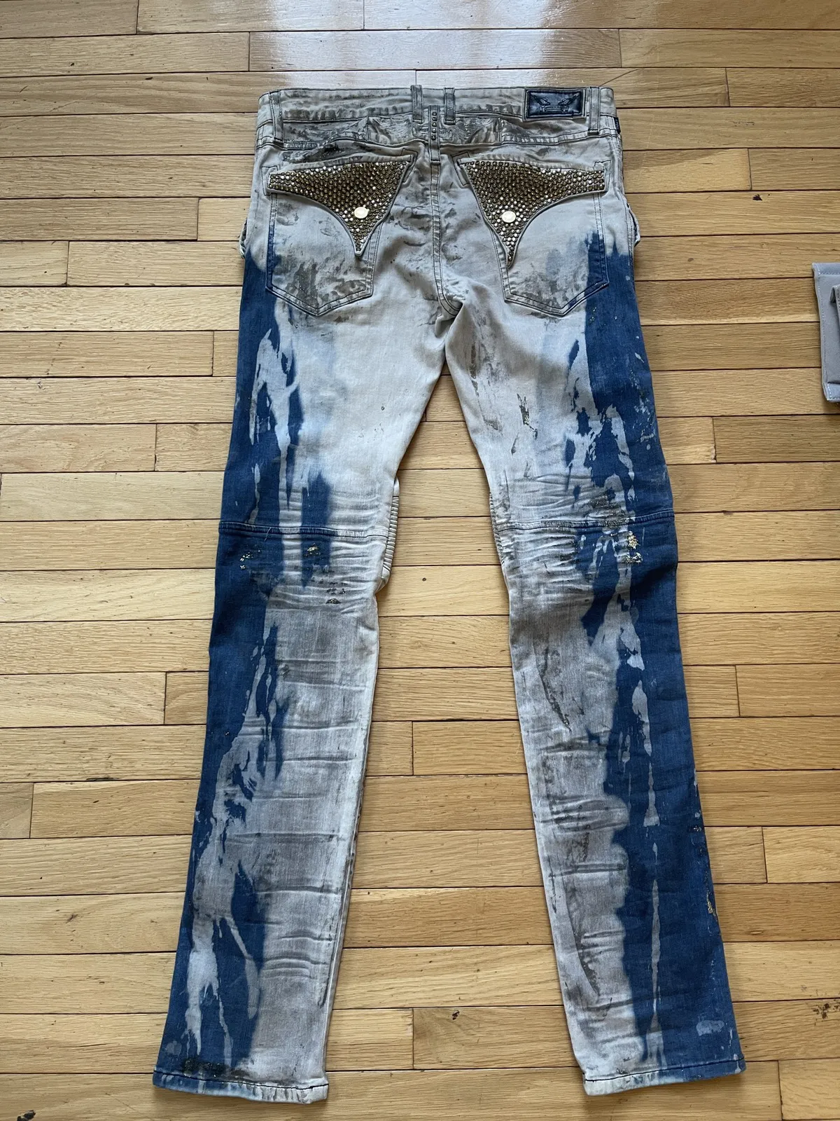 Robins Jeans Zipper Biker Moto Denim Splattered Jeans