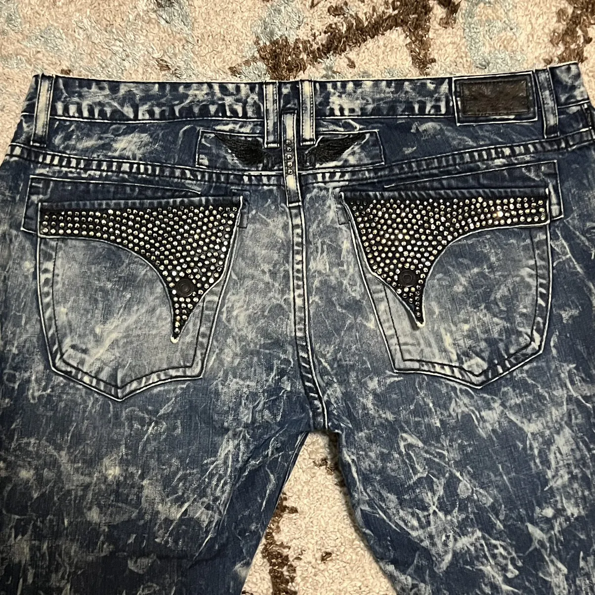 Robins Jeans Acid Wash Mens Jeans Studded Rhinestone 42x27