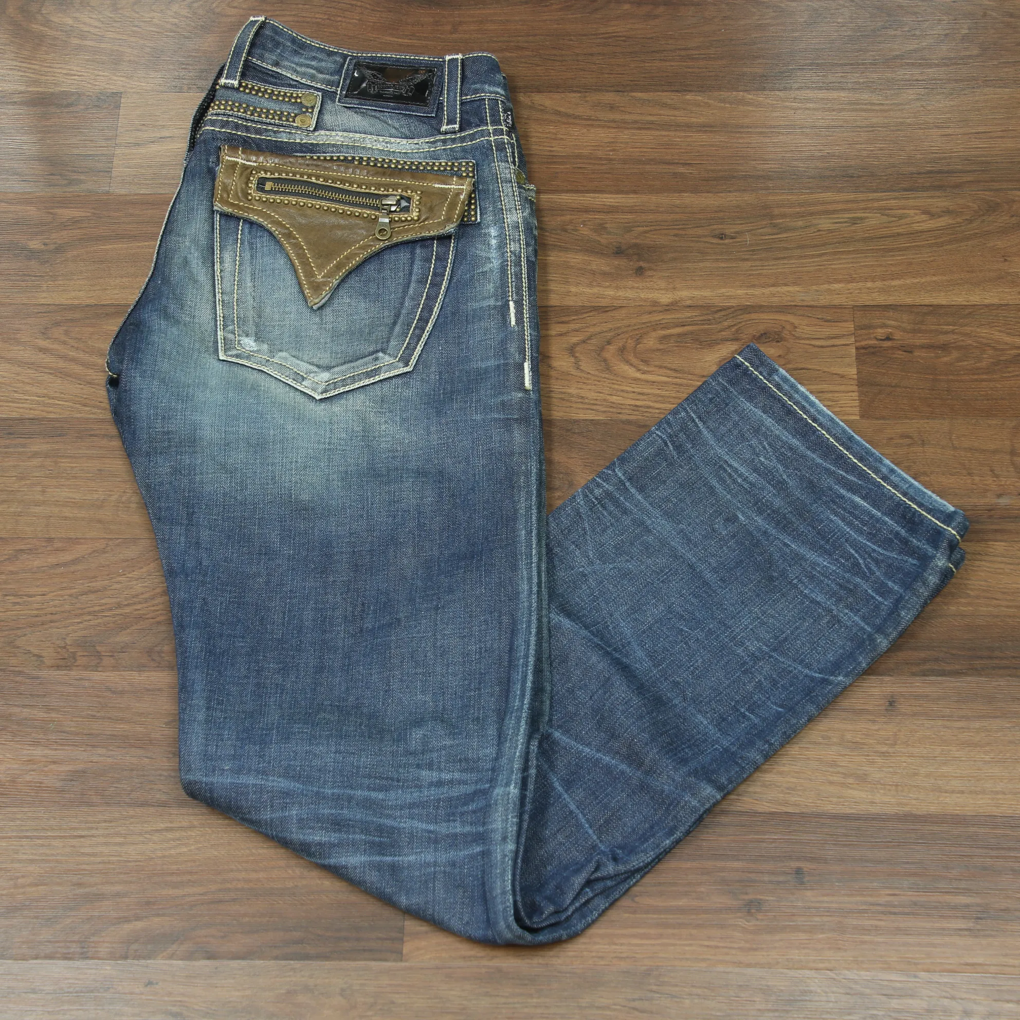 Men's Harley Straight Leg Brown Leather Studded Flaps Jeans