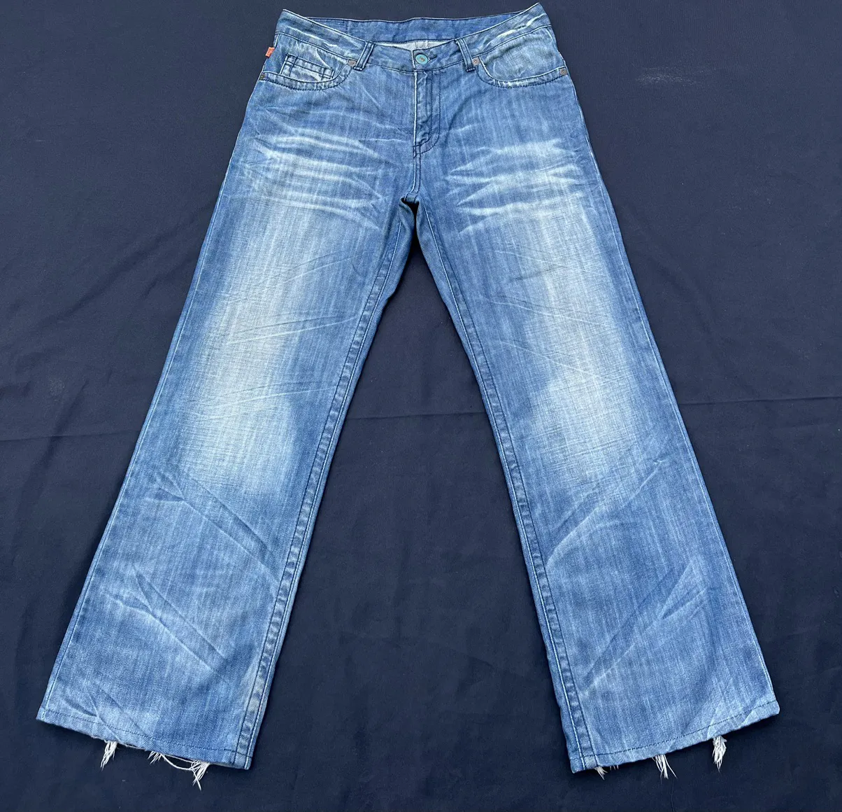 Robin’s Jeans Distress Fade Blue Denim Wide Leg Jeans