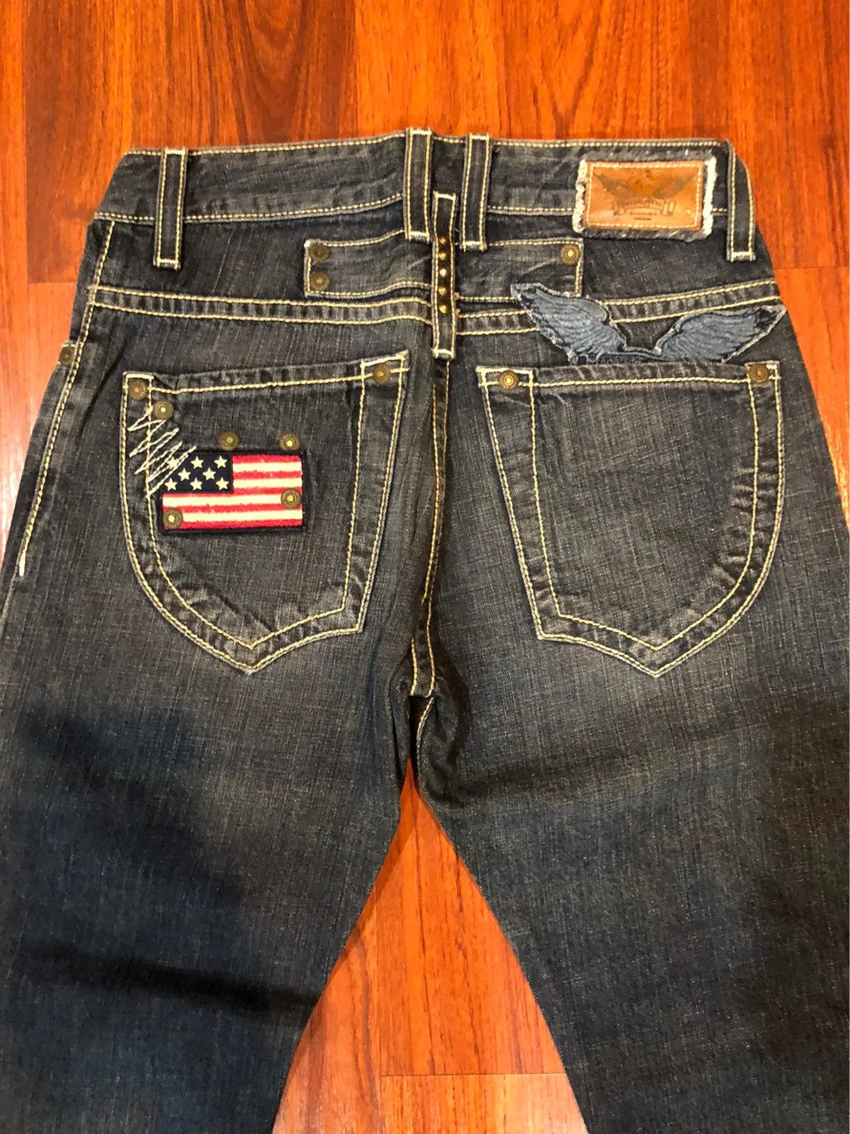NEW ROBINS JEANS FLAG PATCH BLUE SZ 28