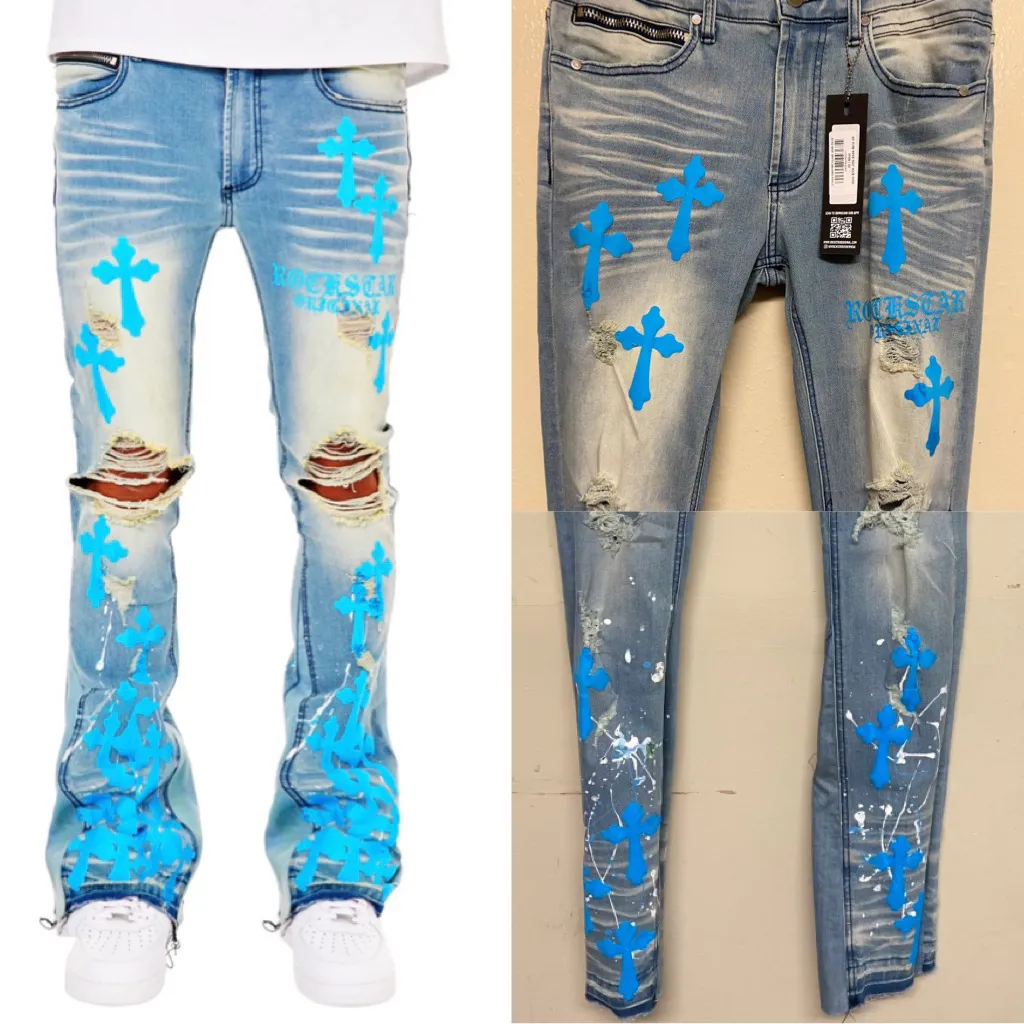 Rockstar Stacked Jeans Ripped Dark Blue Denim Jeans Stacked