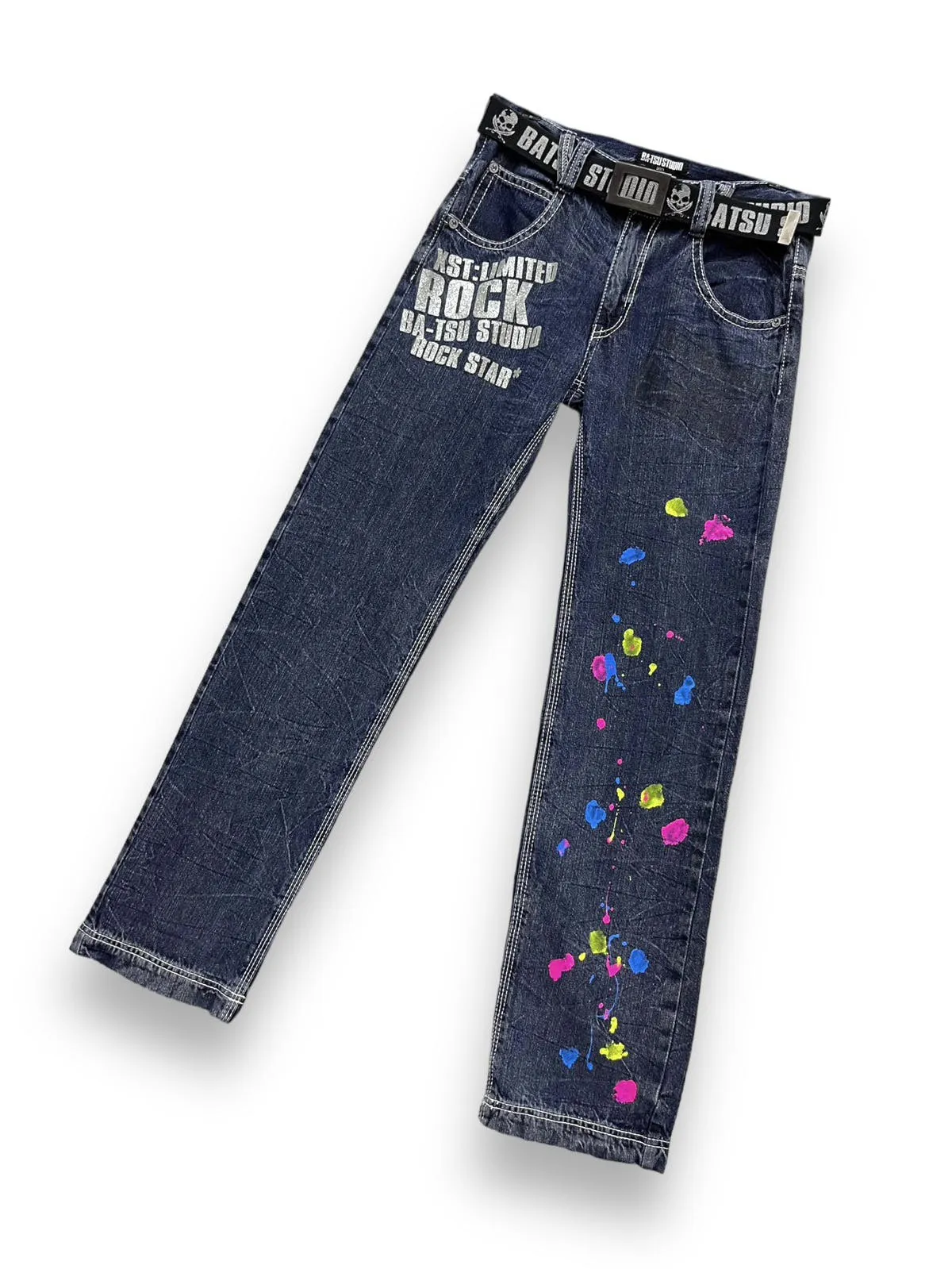 💀Vtg BATSU STUDIO Rock Star Multicolor Splash Painted Jeans