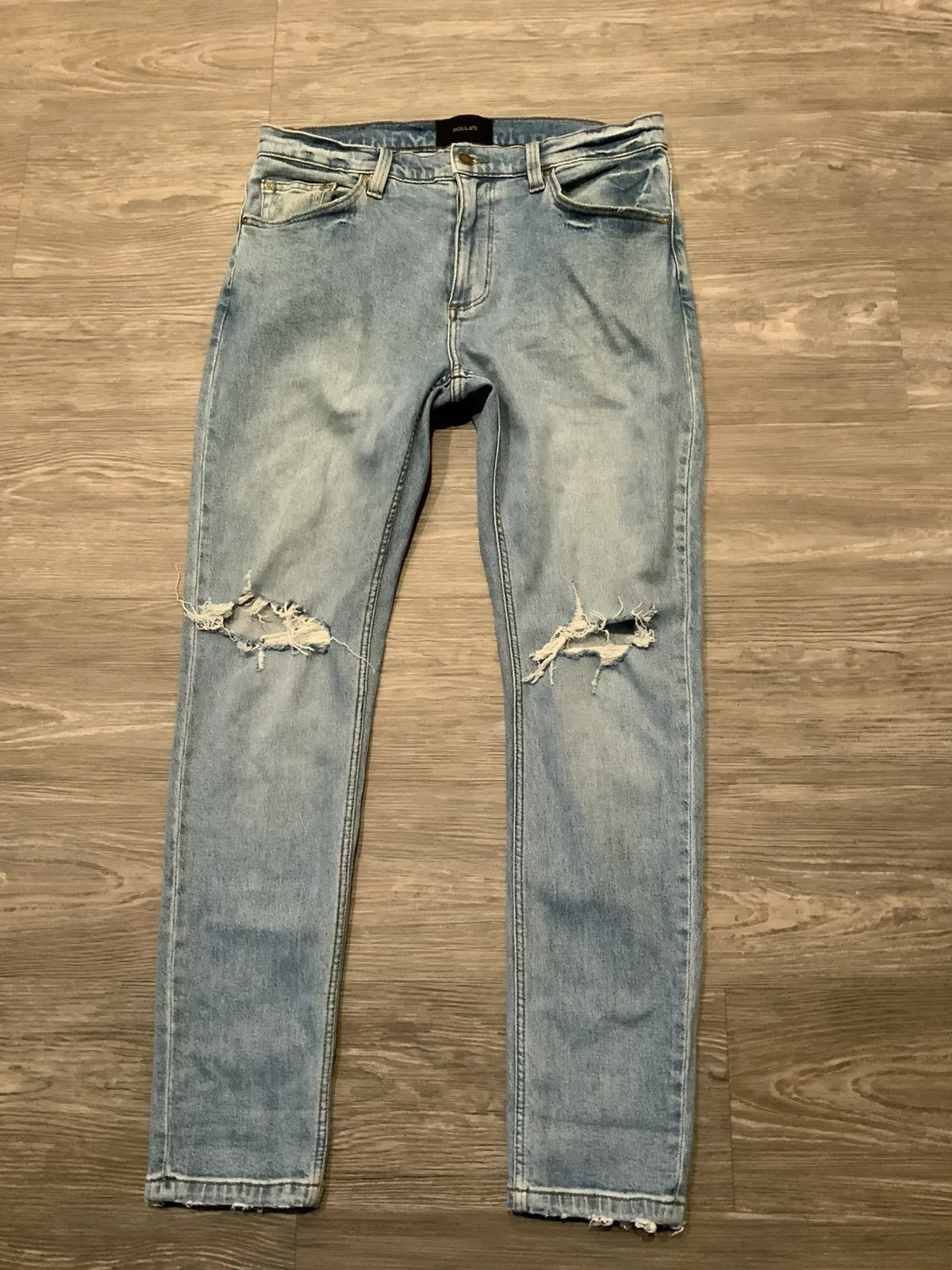$140 Rolla’s Tim Slims Slim Distressed Washed Denim Jeans