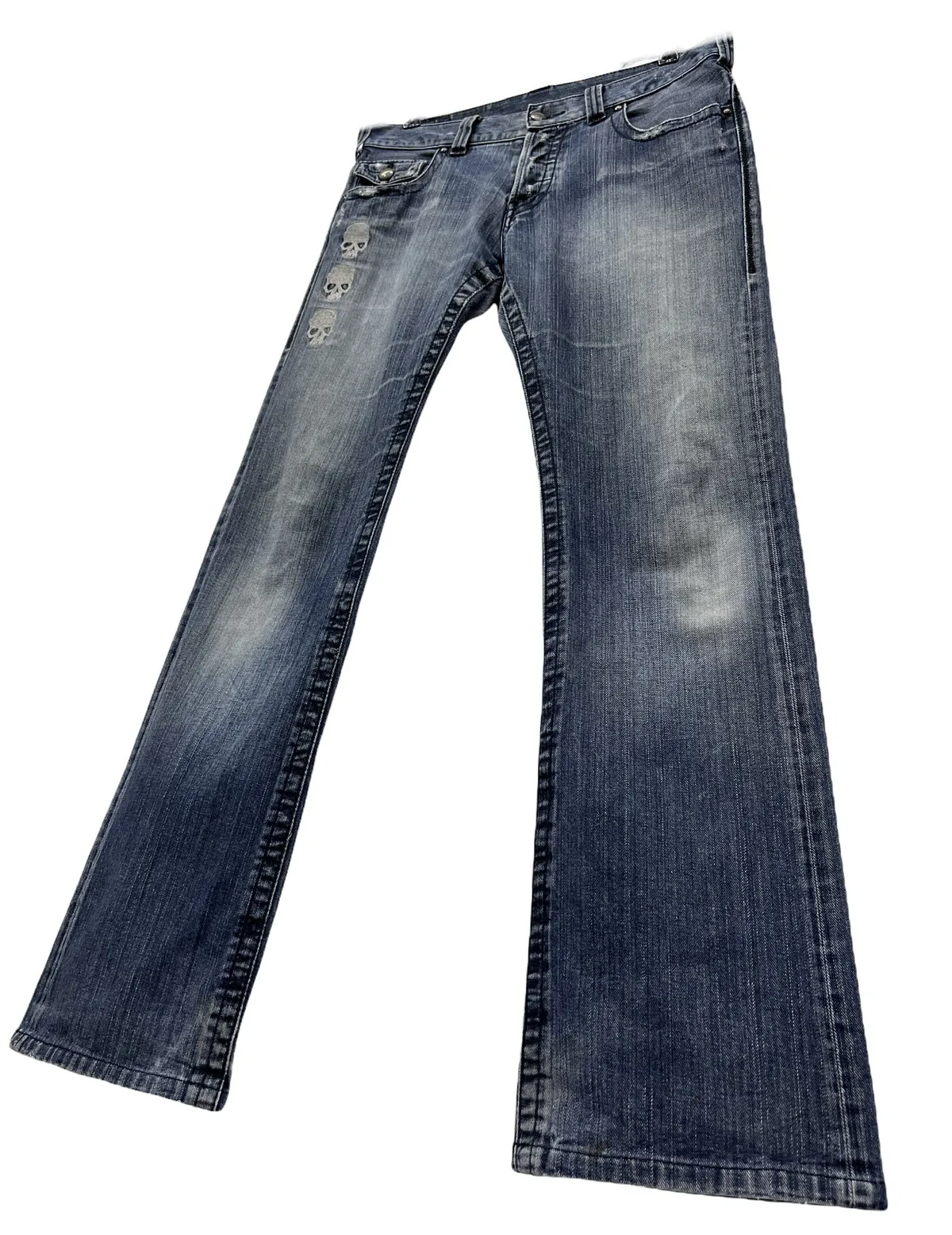 CUSTOMCULTURE Punk Embroidery Skulls Distressed Flare Denim