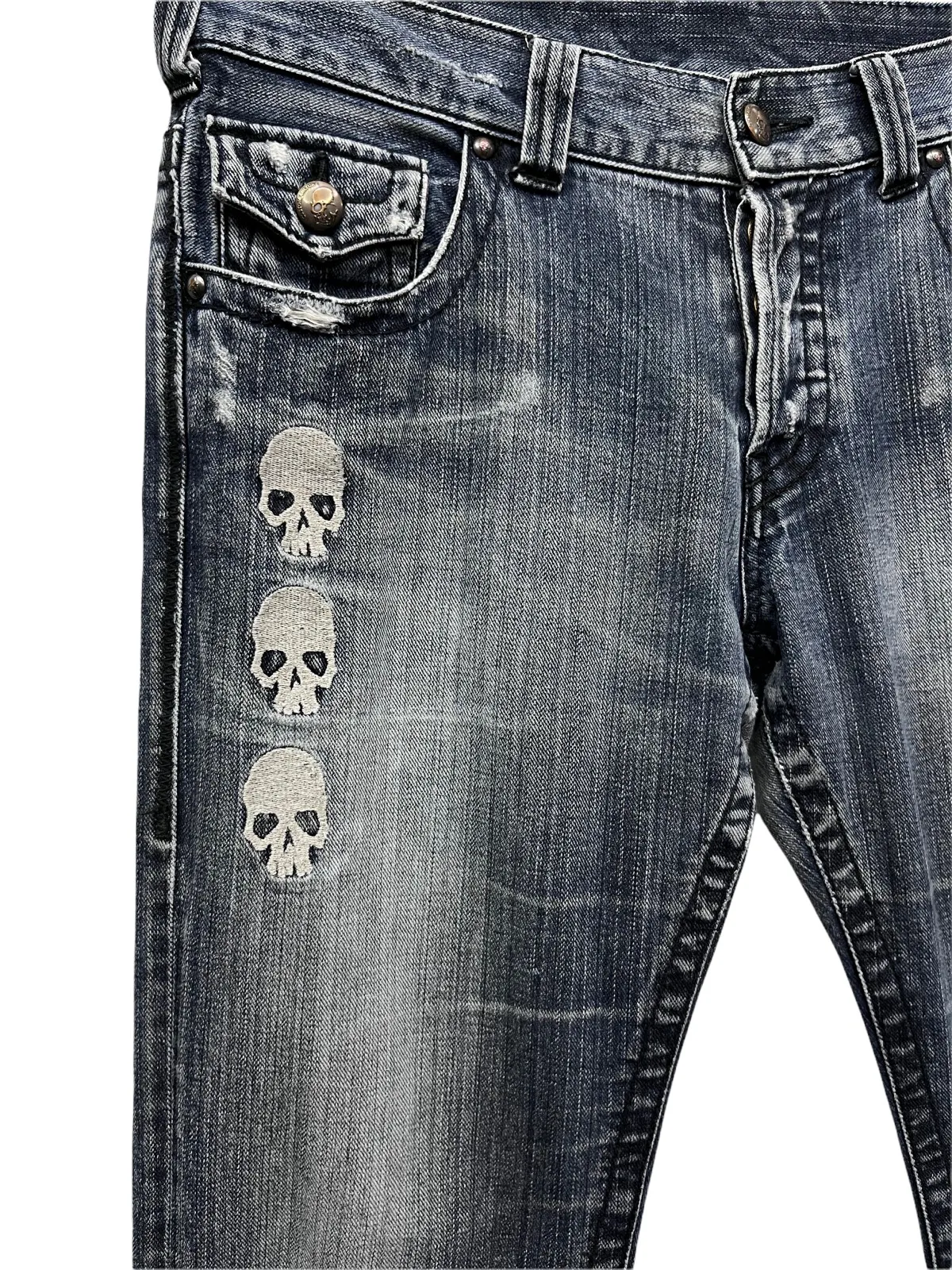 CUSTOMCULTURE Punk Embroidery Skulls Distressed Flare Denim
