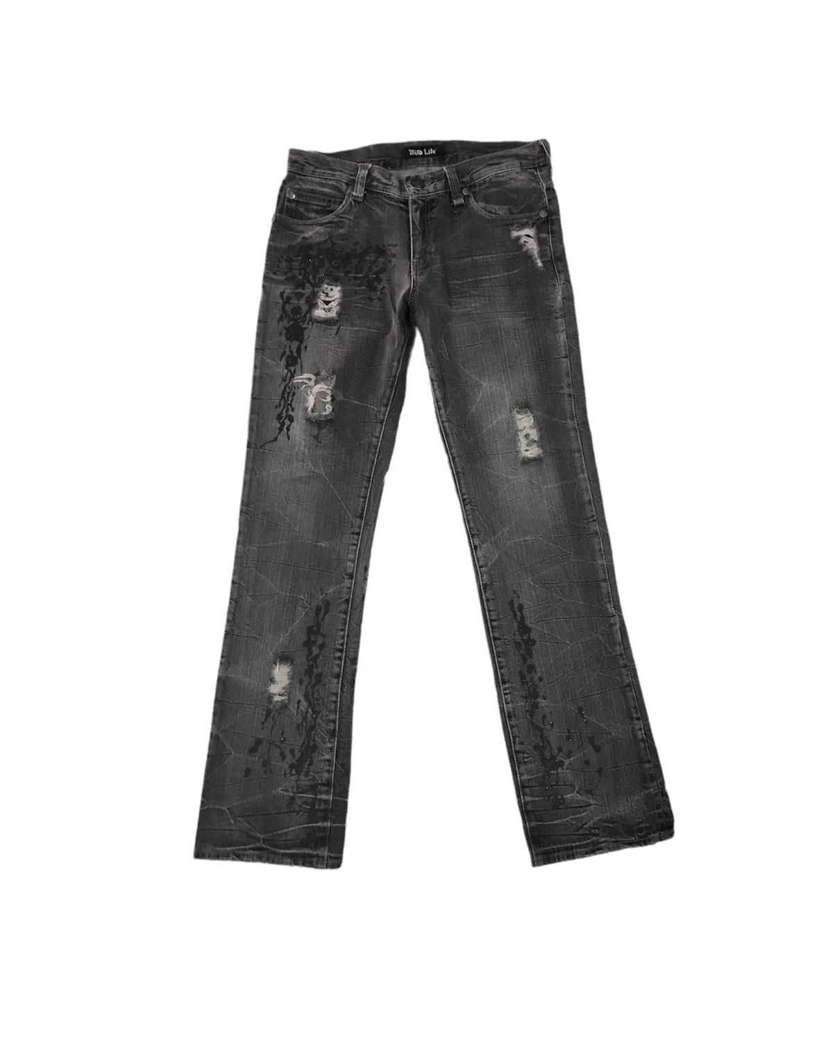 Wild Life flared Japanese distressed denim faded black