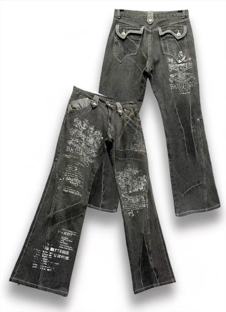 🔥FYE🔥 Vintage BERNINGS SHO Punk Skull Poem Flare Leg Denim