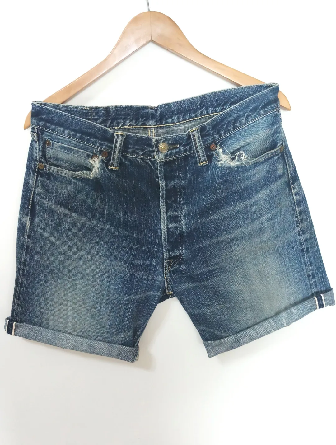 💥💥Distressed/Well-Seasoned Made in Japan The Flathead Lot. 3001 Short Shorts Small Selvedge Denim w/V-Stitch Single-Stitched Waist Coin Pocket Selvedge Single-Stitched Back Yoke 日本制🇯🇵🇯🇵