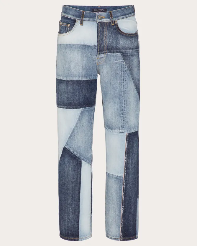 Logo-Print Patchwork Jeans Denim Trousers