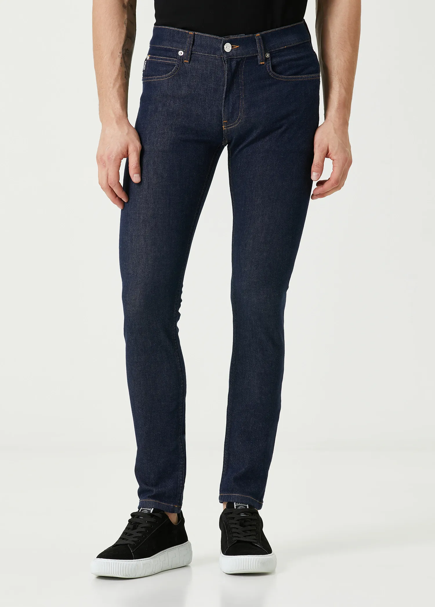 VERSACE navy blue skinny low rise gold hardware jeans 31