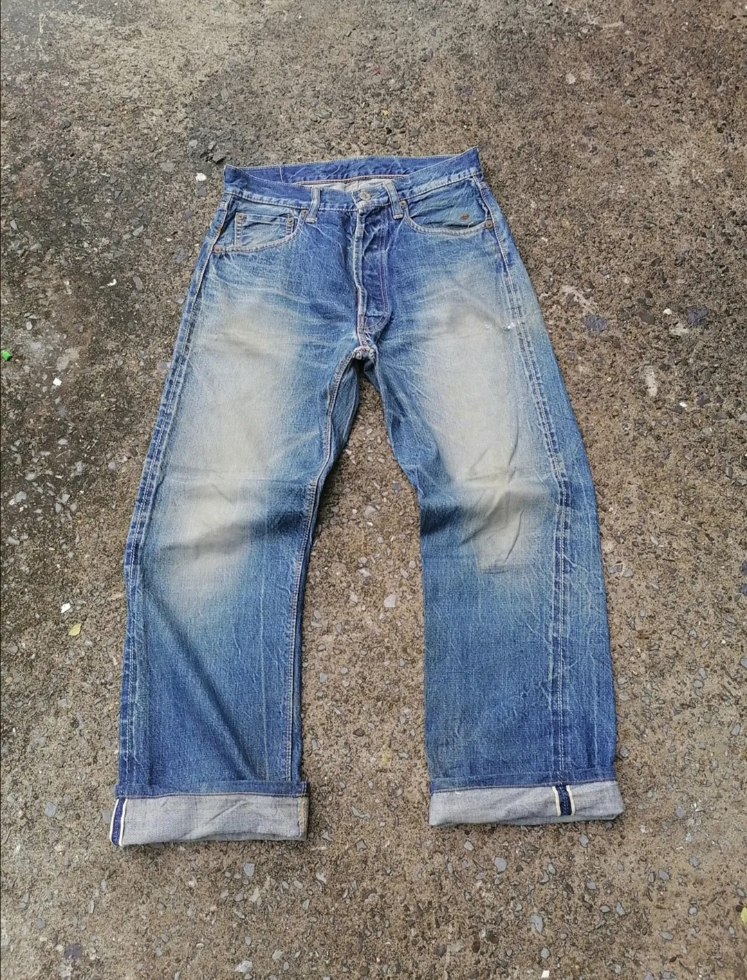 Warehouse Fly Button Selvedge Distressed Denim Jeans
