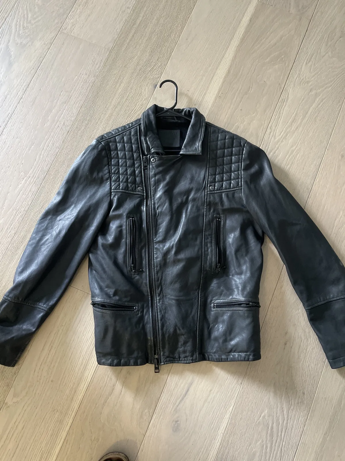 All Saints XL Black Mens “SLADE” Leather Zip Biker Jacket