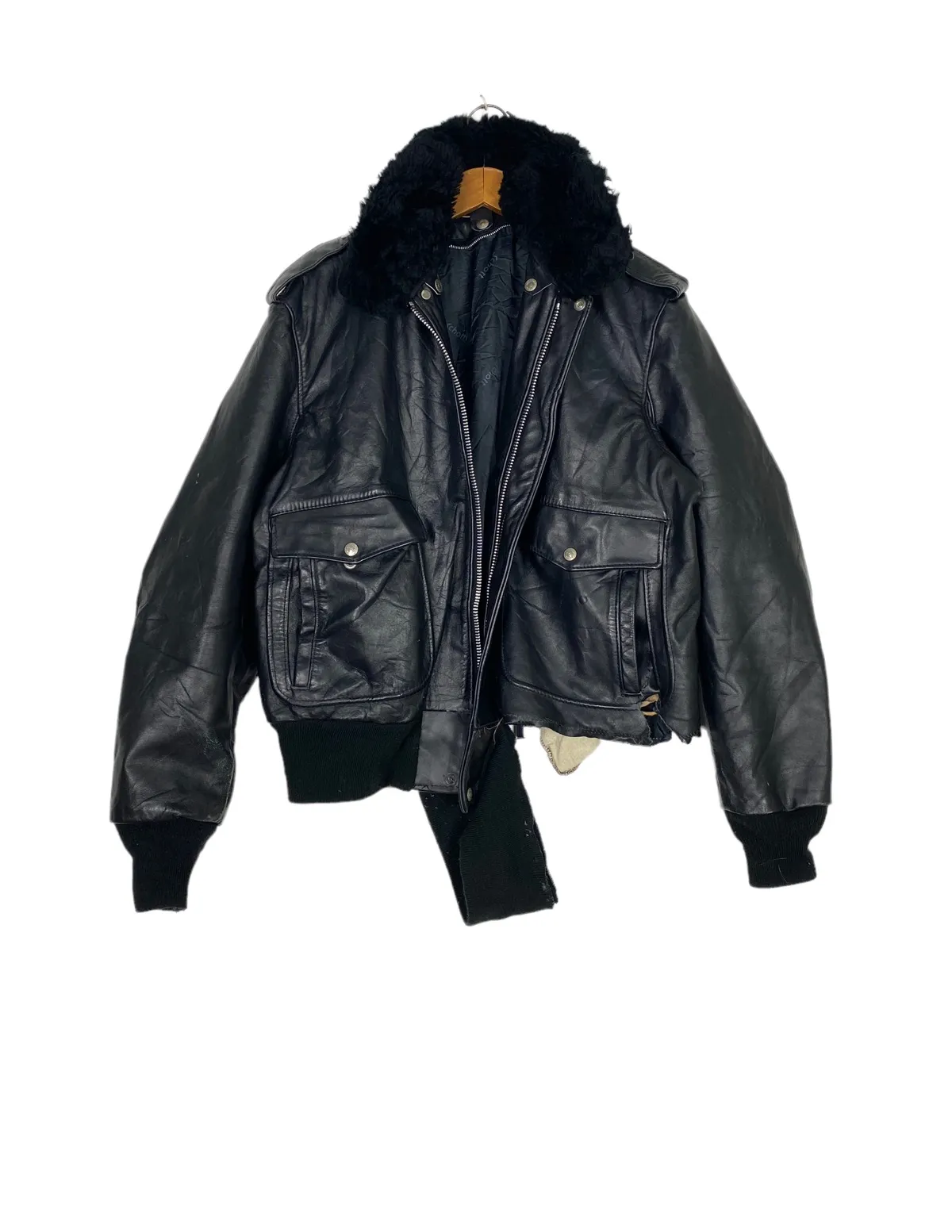 Rare‼️ Vtg Schott THRASHED Black Leather Jacket Fur Collar