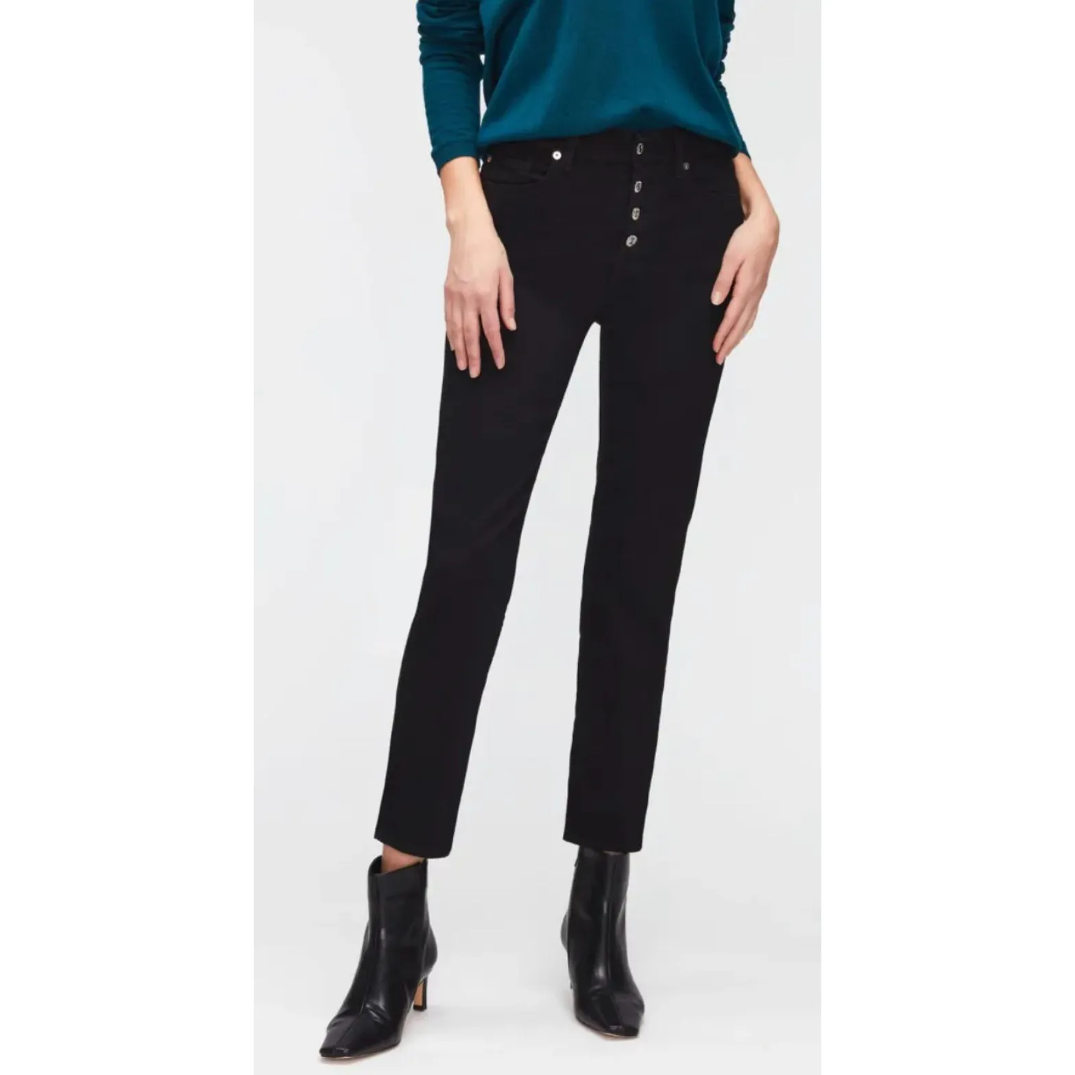 7 For All Mankind High Waist Exposed Button Crop Jeans Black