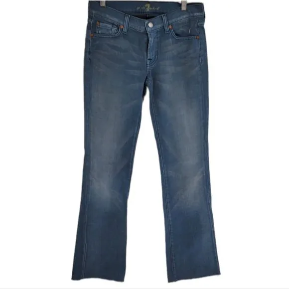 Blue Distressed Mid-Rise Flare Raw Hem Coated Pant
