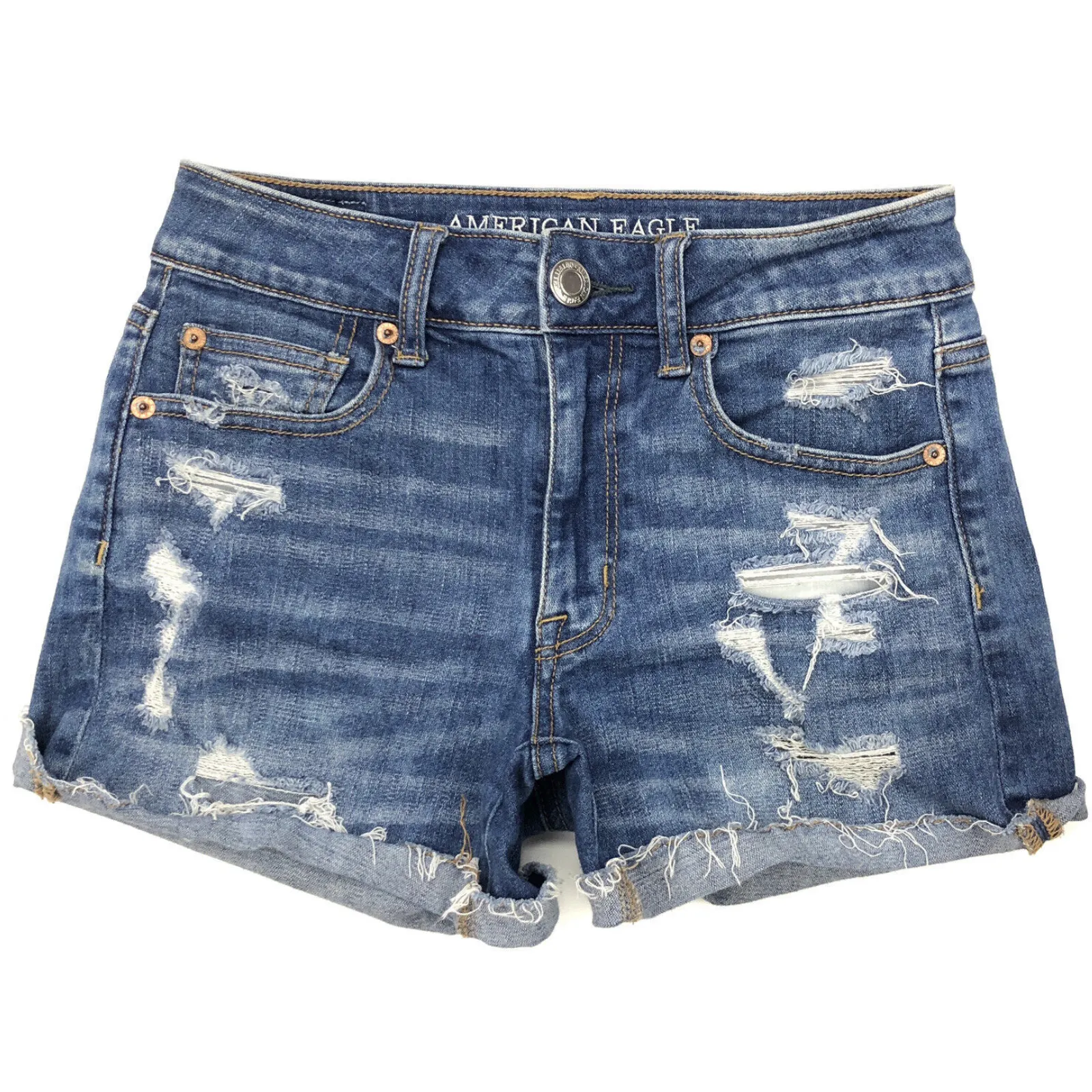 AMERICAN EAGLE Hi Rise Shortie Jean Shorts Womens 2 stretch denim distressed