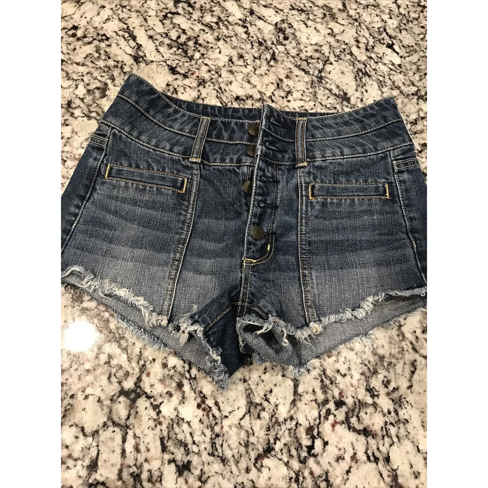 American Eagle Jean Shorts Women sz 4 High Rise Shortie Super Stretch Button Fly