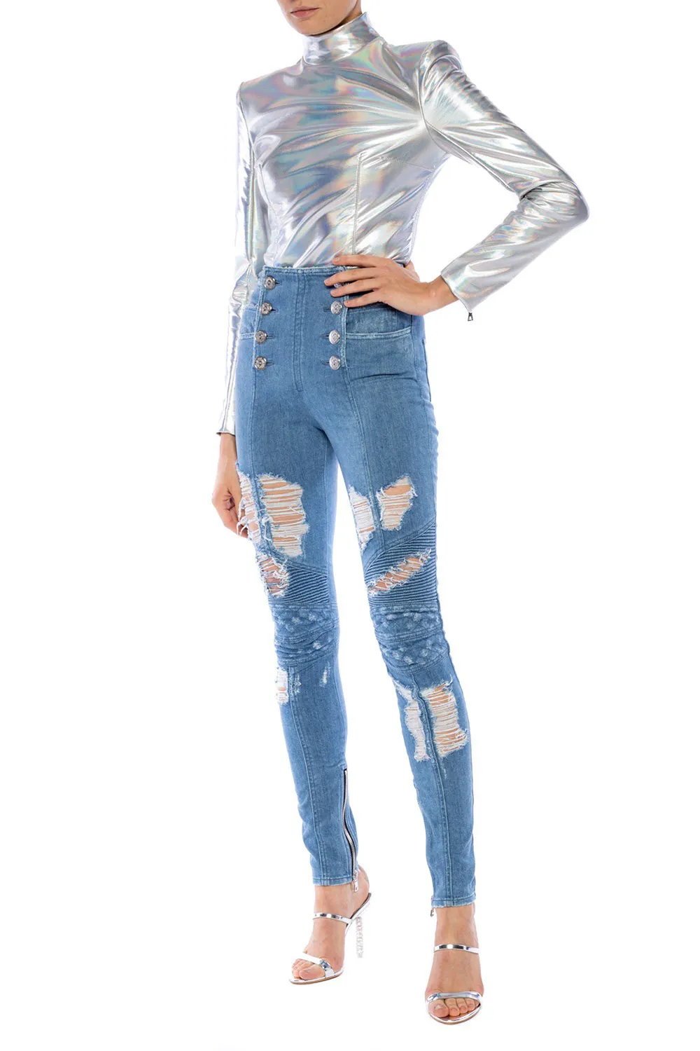 New Balmain Button Distressed Moto Skinny Jeans Sz 36FR
