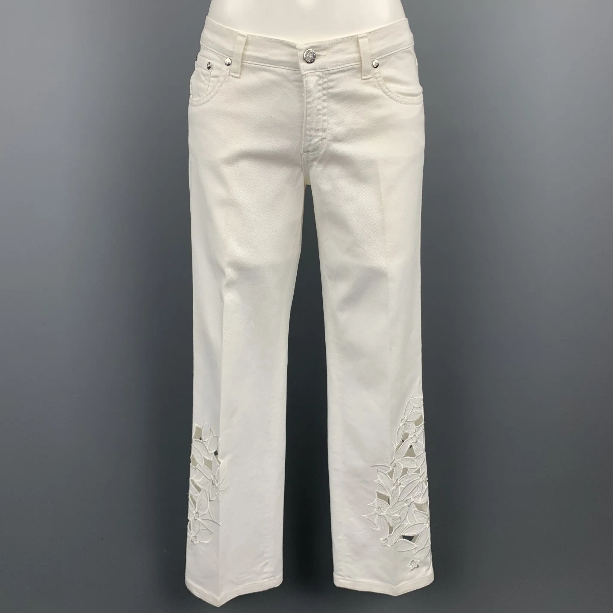 White Denim Embroidered Cut Out Jeans