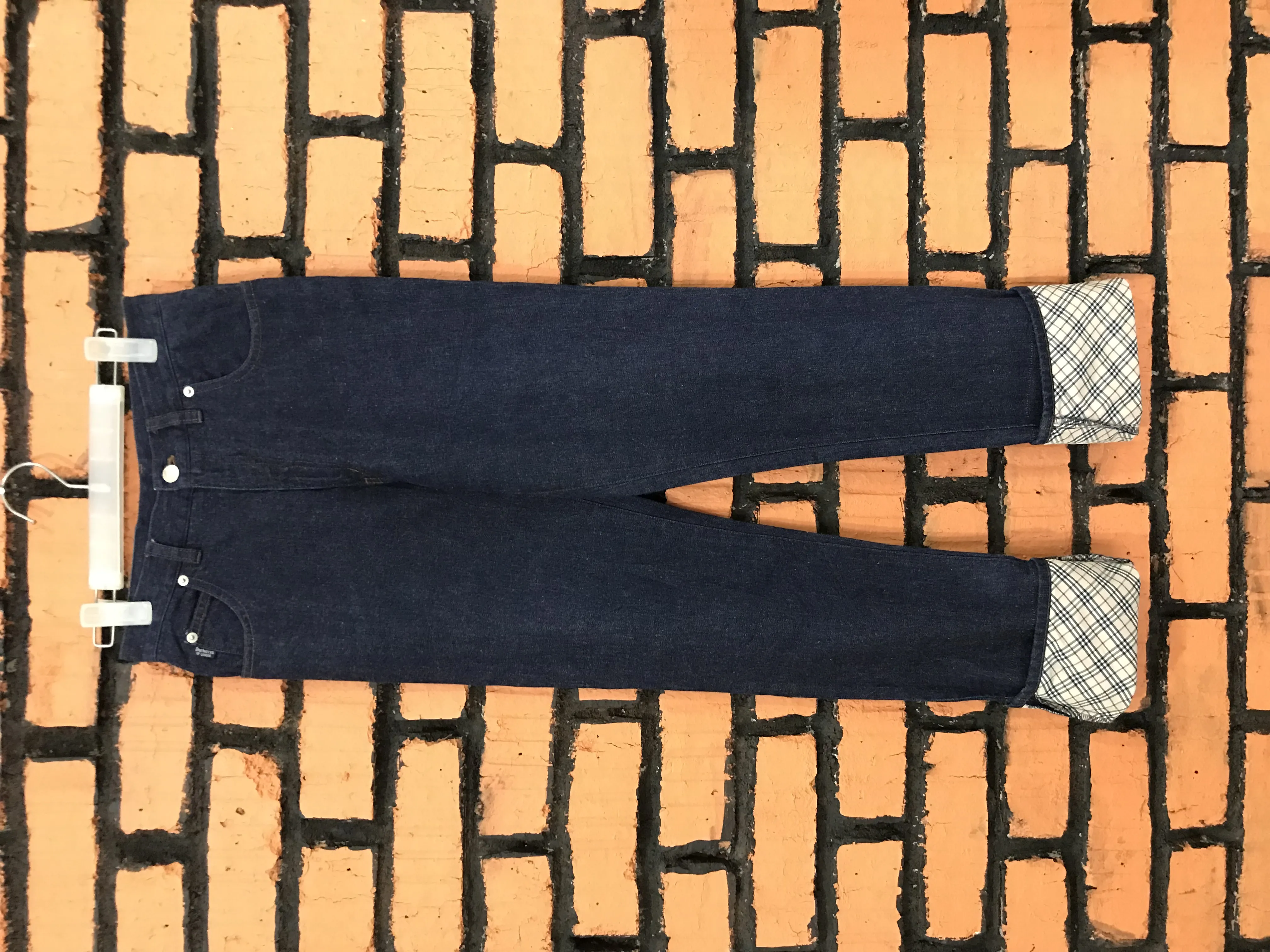 Dark Blue Soft Denim Beige Check Leg