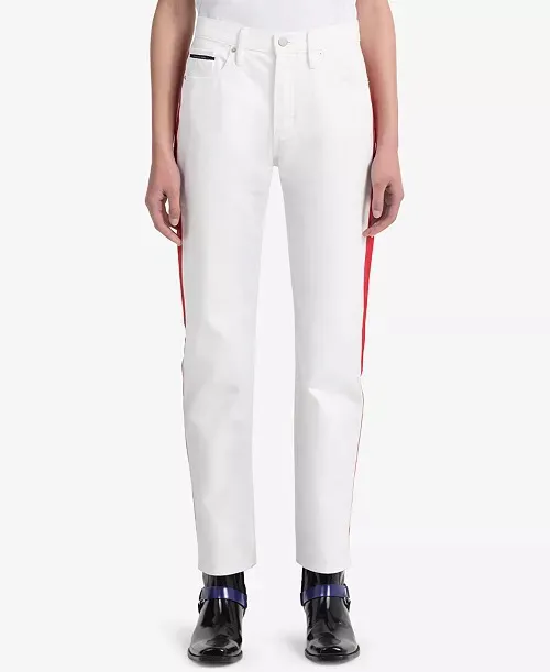 White jeans with red stripe