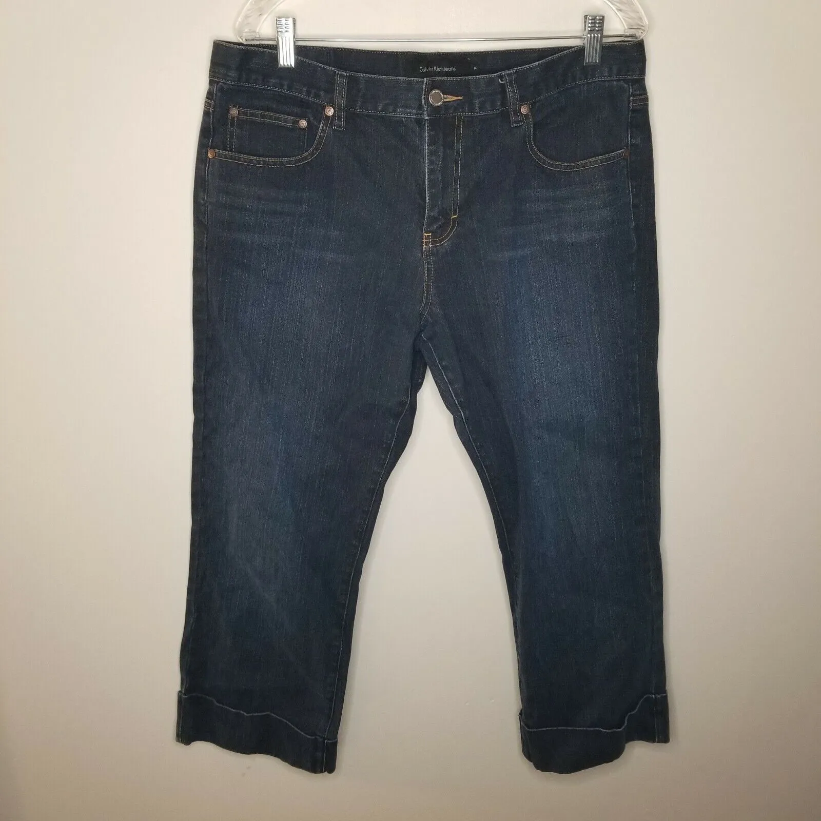 Calvin Klein Womens Dark Blue Cuffed Jeans Size 14