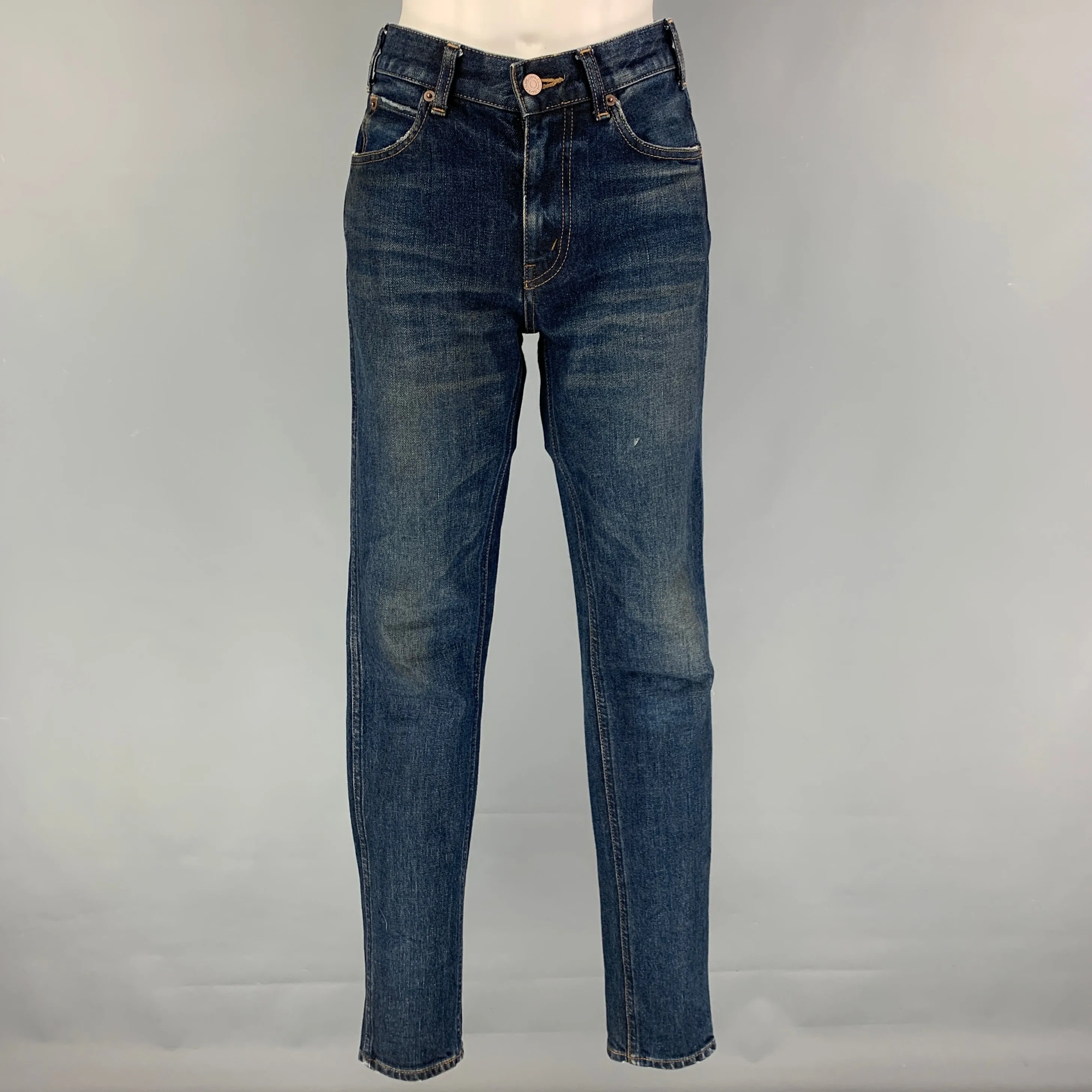 Dark Blue Cotton Slim Patch Jeans