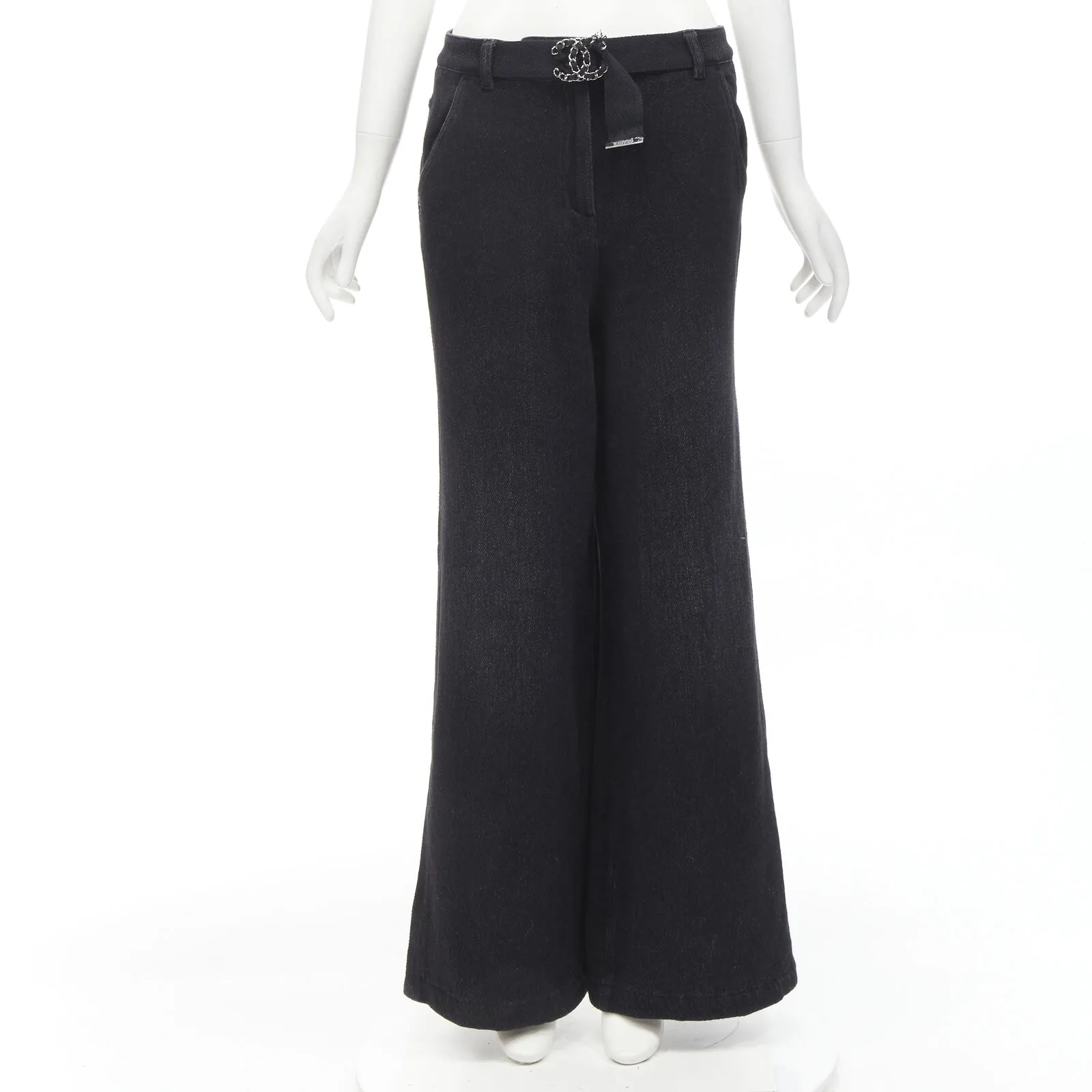 CHANEL 100% cotton black CC chain buckle belt wide leg bell bottom pants FR38 M