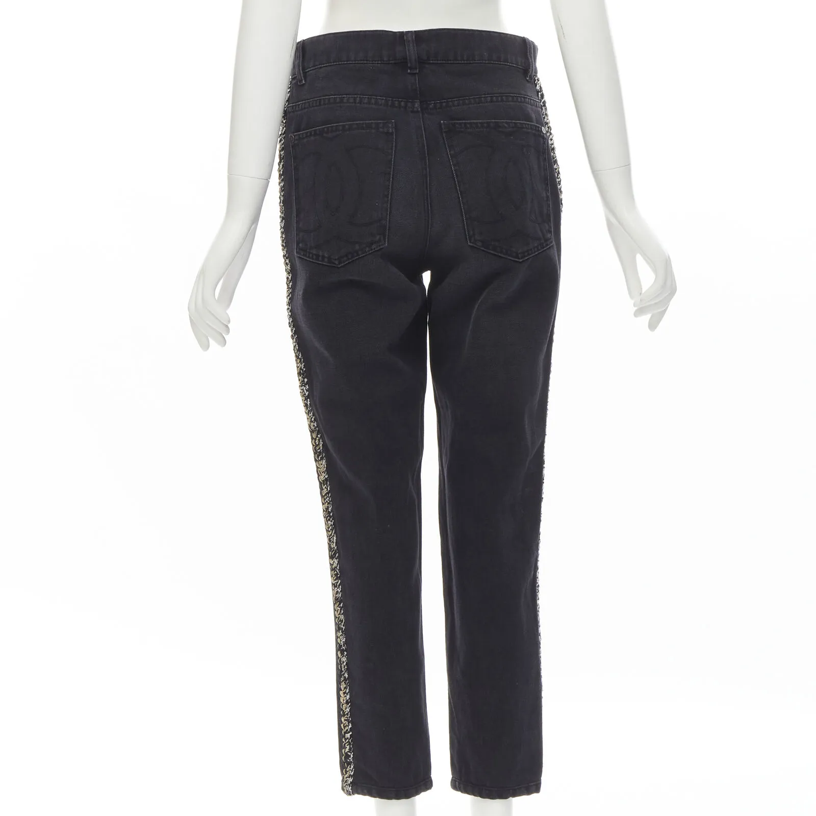 CHANEL washed black denim braided tweed trim CC pocket cropped jeans FR38 M