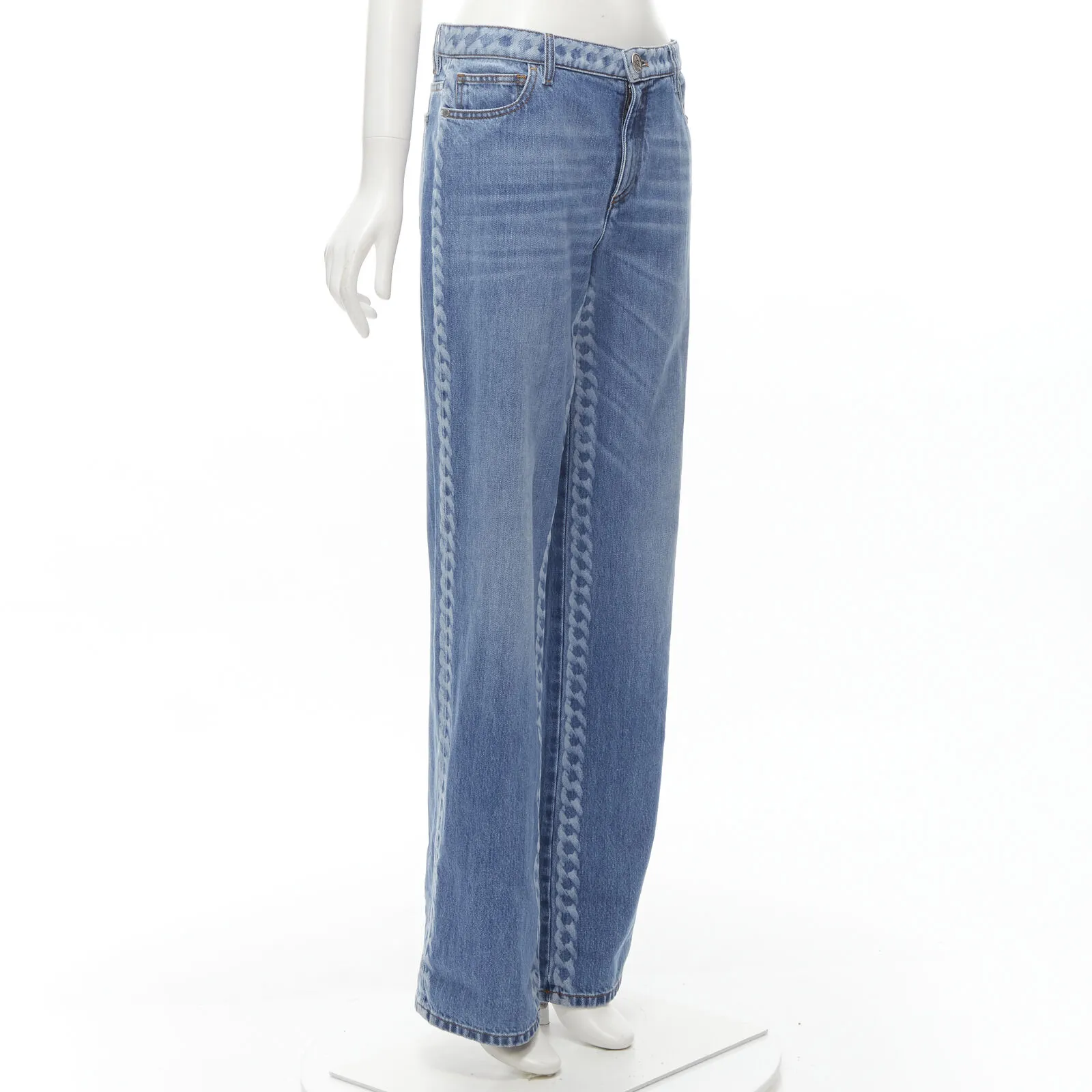 CHANEL 19P blue denim chunky chain washed straight leg jeans FR40 M