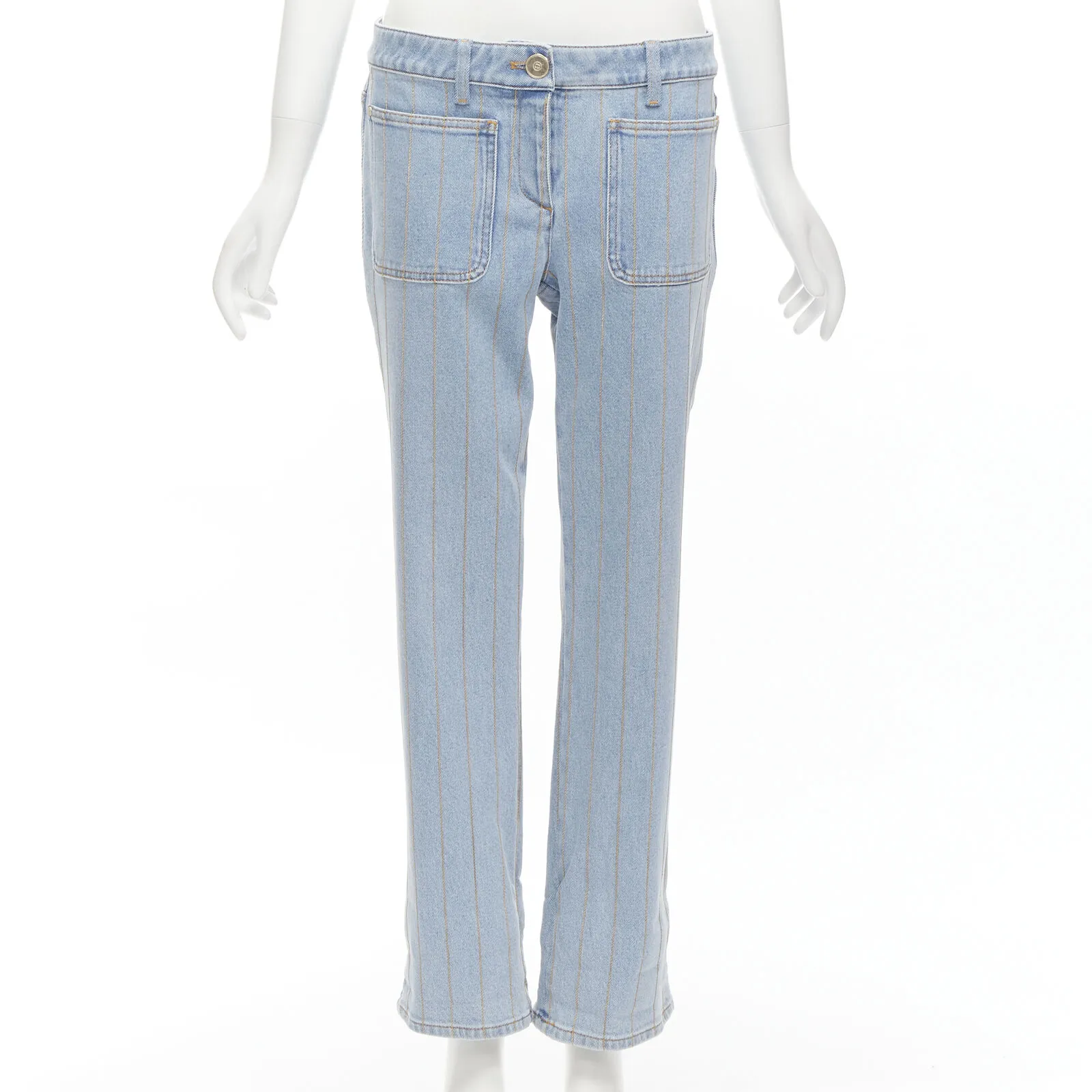 CHANEL light washed blue denim gold chain embroidery straight leg jeans FR40 M