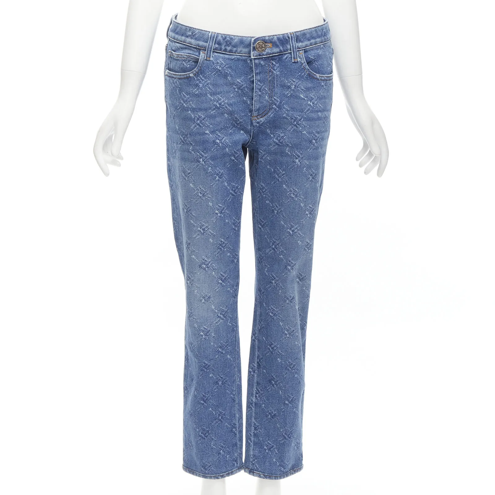 CHANEL washed blue denim crosshatch diamond quilt print straight jeans FR40 M